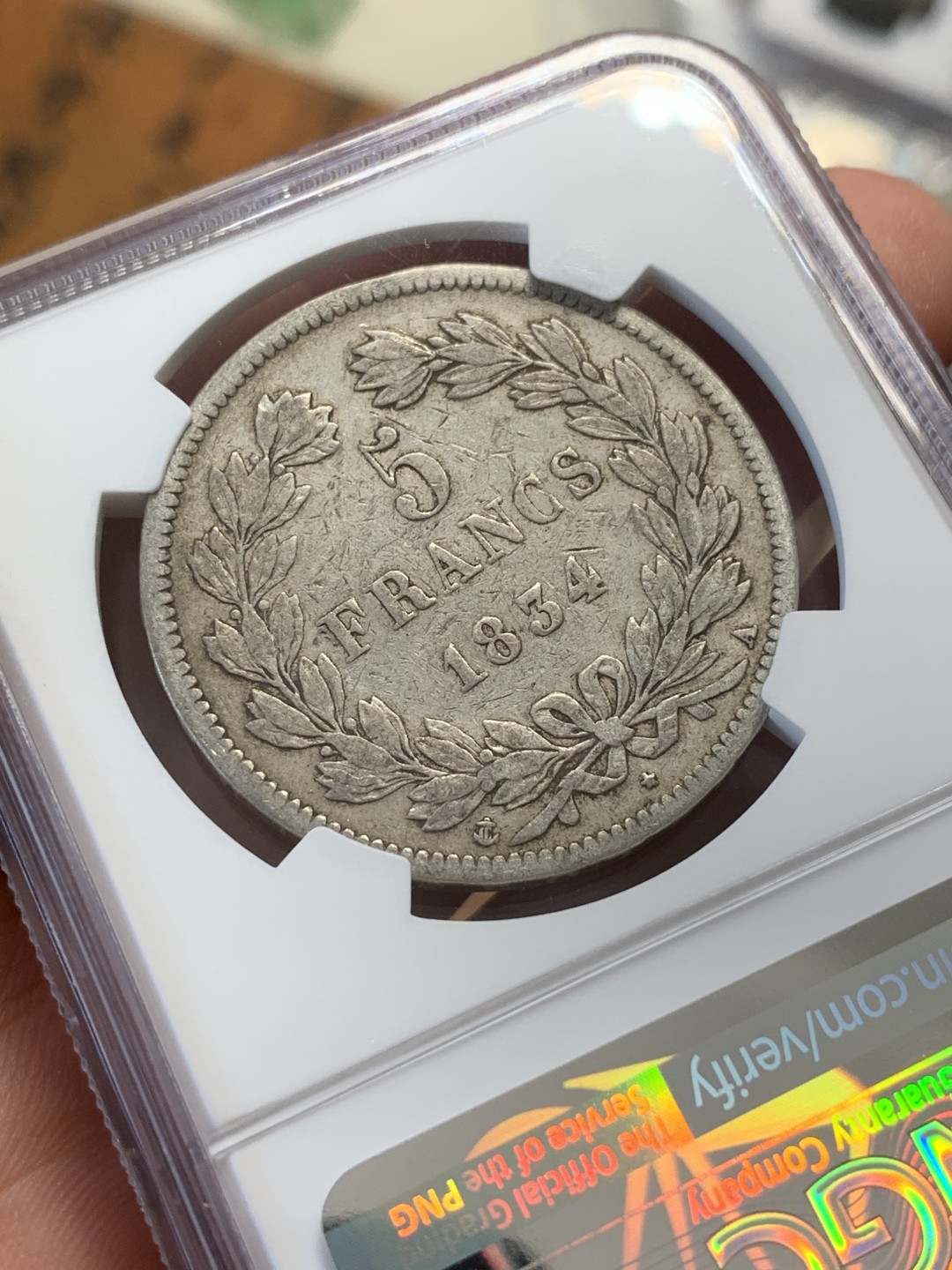 《竞宝斋》第108场-周日，周一 ，周四3场连拍（全场包邮） NGC-VF35 法国1834-A年 菲利普一世 5法郎大银币 原味好品