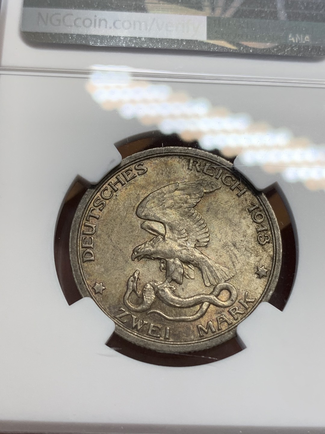 《竞宝斋》第108场-周日，周一 ，周四3场连拍（全场包邮） NGC MS63 德国普鲁士 1913年 战胜拿破仑2马克 银币