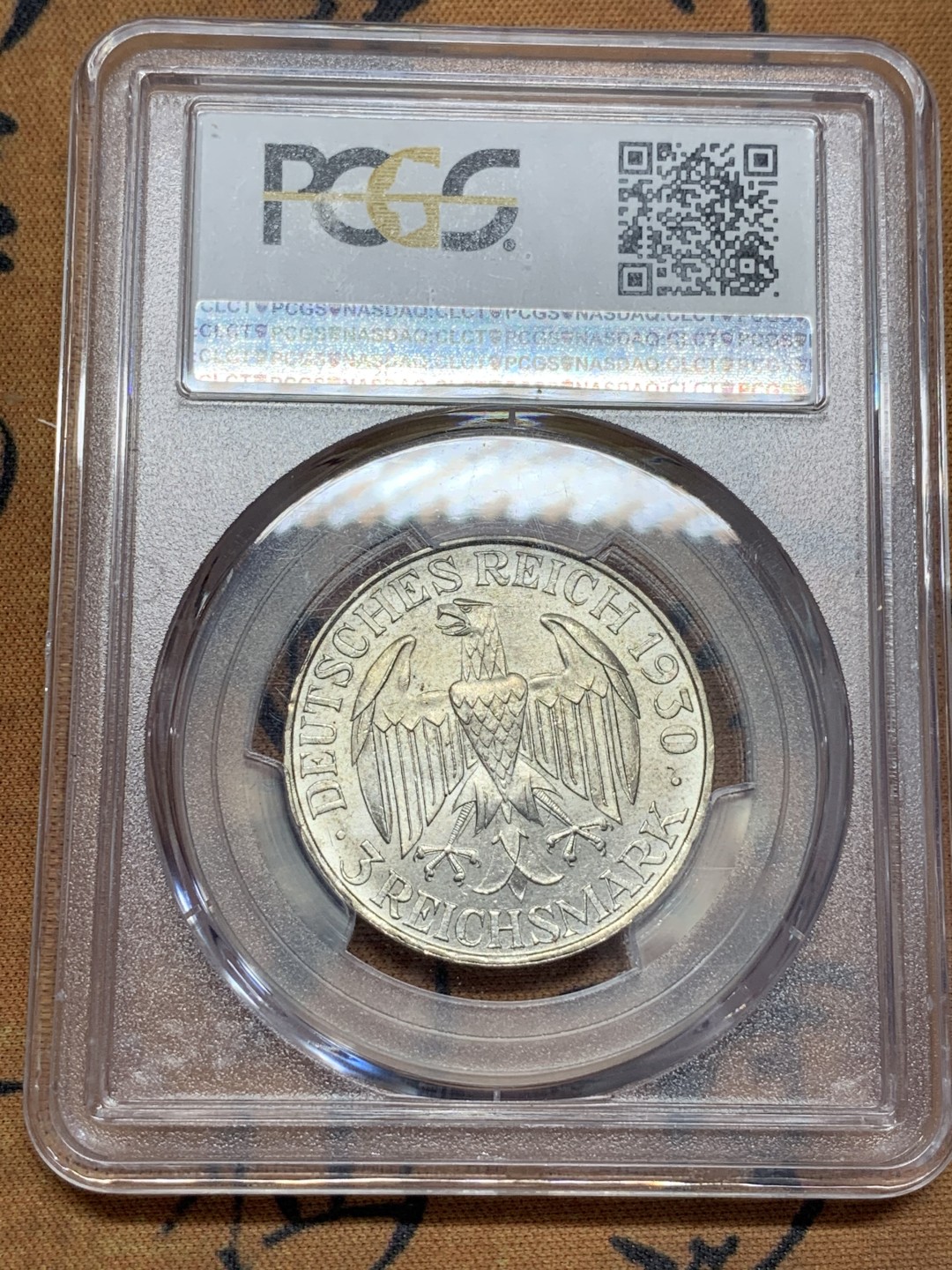 《竞宝斋》第108场-周日，周一 ，周四3场连拍（全场包邮） PCGS-MS64 德国 魏玛共和国 1930年齐柏林飞艇3马克银币 全转光