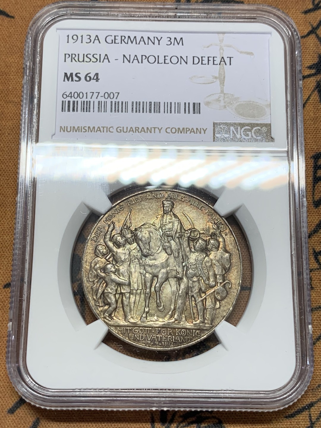 《竞宝斋》第108场-周日，周一 ，周四3场连拍（全场包邮） NGC MS64 德国普鲁士 1913年 战胜拿破仑3马克 银币