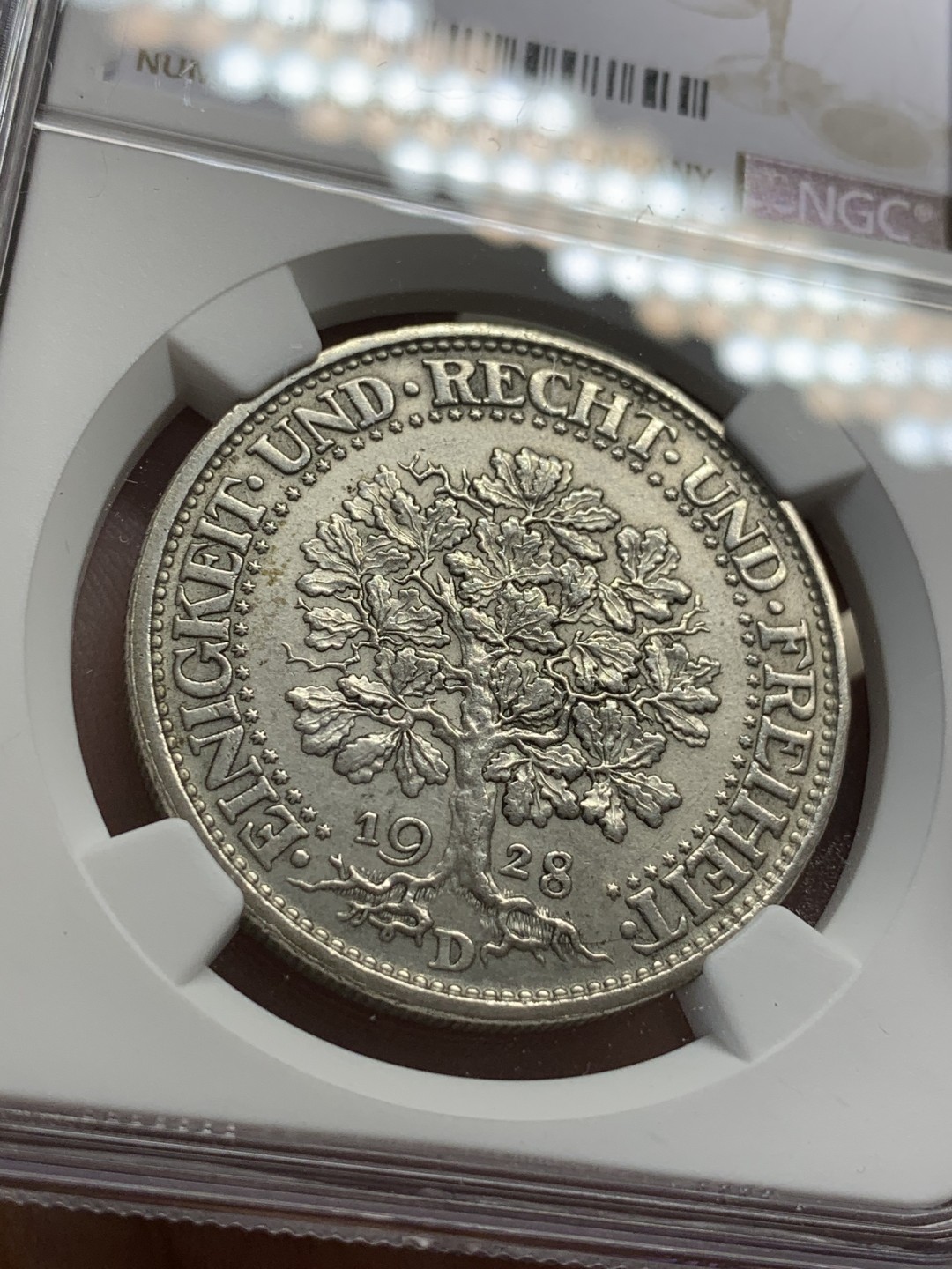 《竞宝斋》第108场-周日，周一 ，周四3场连拍（全场包邮） NGC MS62 1928D 德国 魏玛共和国 橡树5马克  银币 热门品种