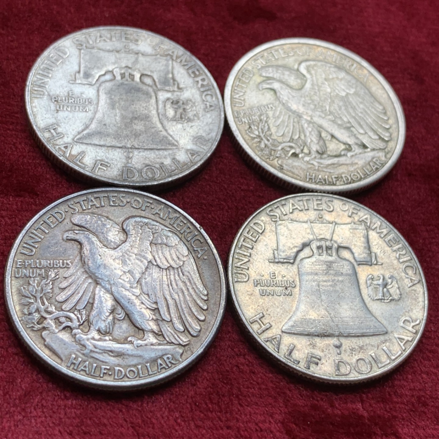 《竞宝斋》第108场-周日，周一 ，周四3场连拍（全场包邮） 美国900银 银币4枚 2枚富兰克林半美元，2枚行走女神半美元 单枚12.5克 合计50克900银 状态非常好