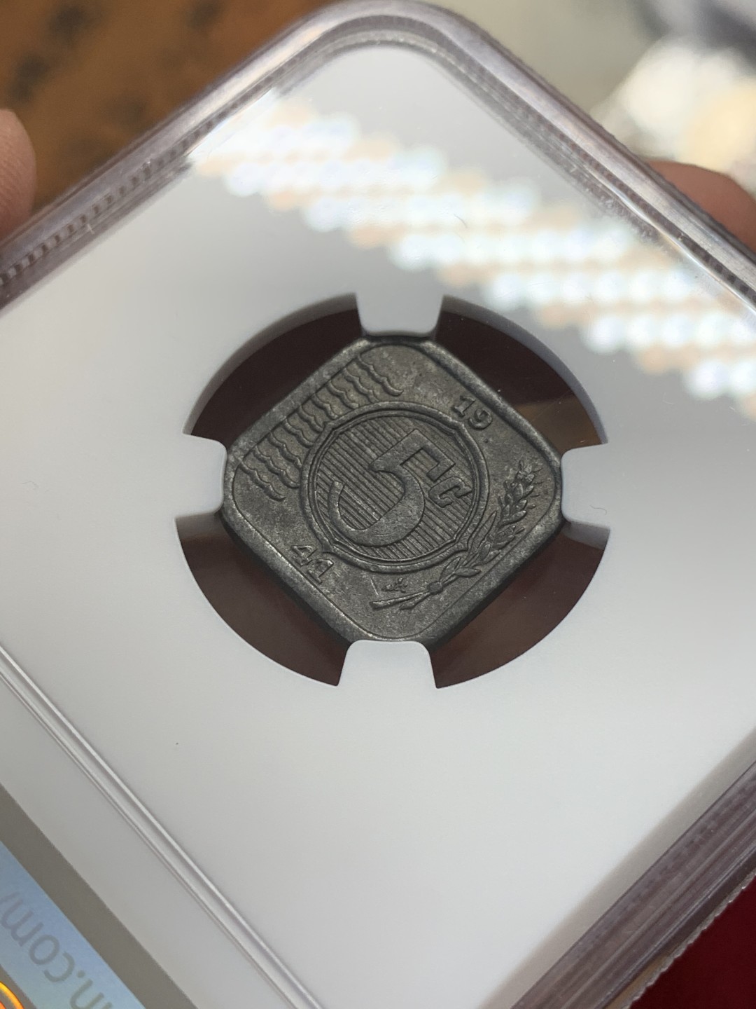 《竞宝斋》第108场-周日，周一 ，周四3场连拍（全场包邮） 冠军分 NGC-MS62 荷兰1941年 5分锌币 正方形 非常稀少