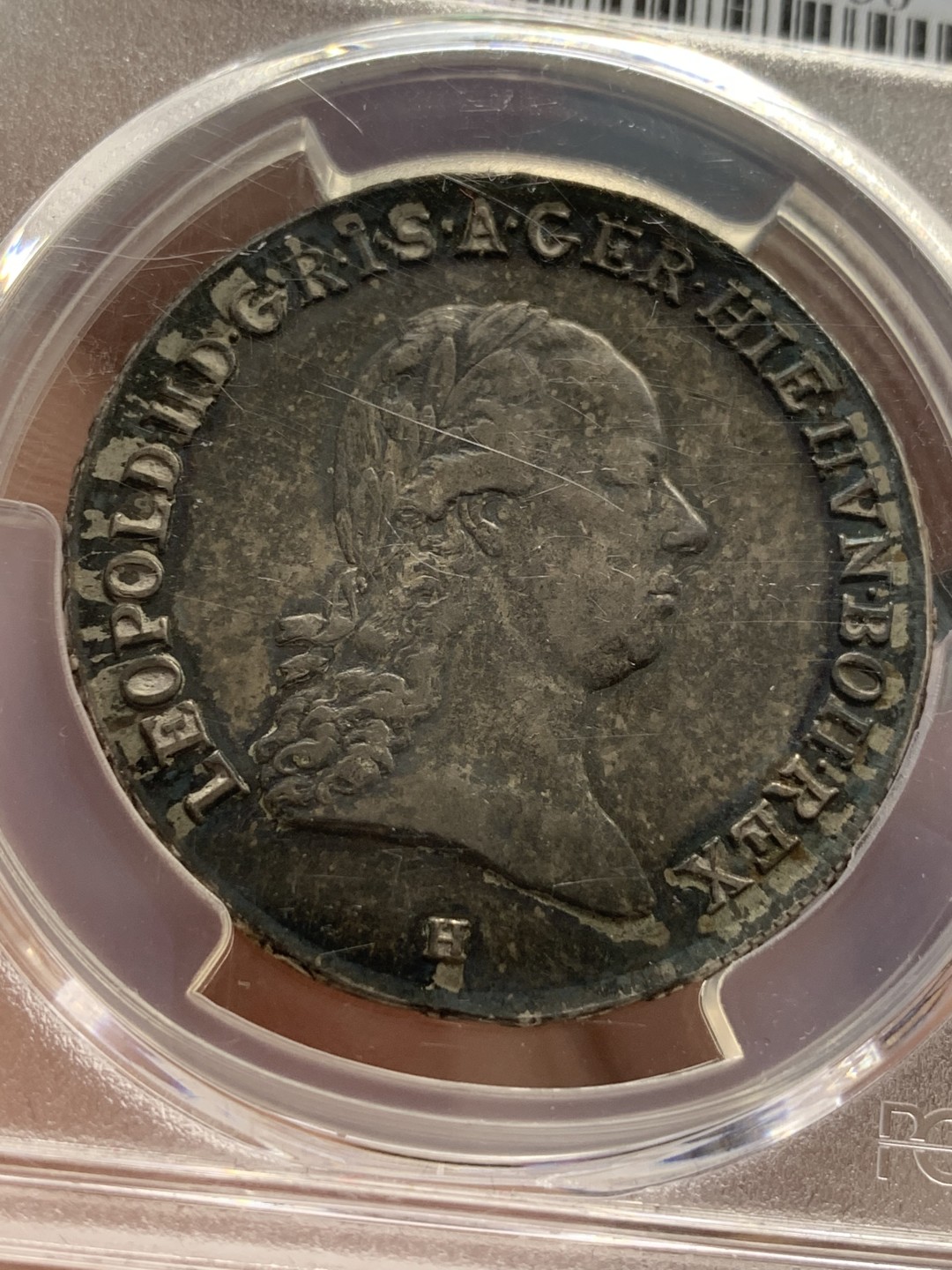 《竞宝斋》第108场-周日，周一 ，周四3场连拍（全场包邮） 唯一 冠军分 PCGS-AU53  奥地利奥属尼德兰1791年H版三皇冠1/2泰勒（金茨堡厂铸造），利奥波德二世银币（大奶妈玛利亚·特蕾莎之子） 深彩包浆 细节极好