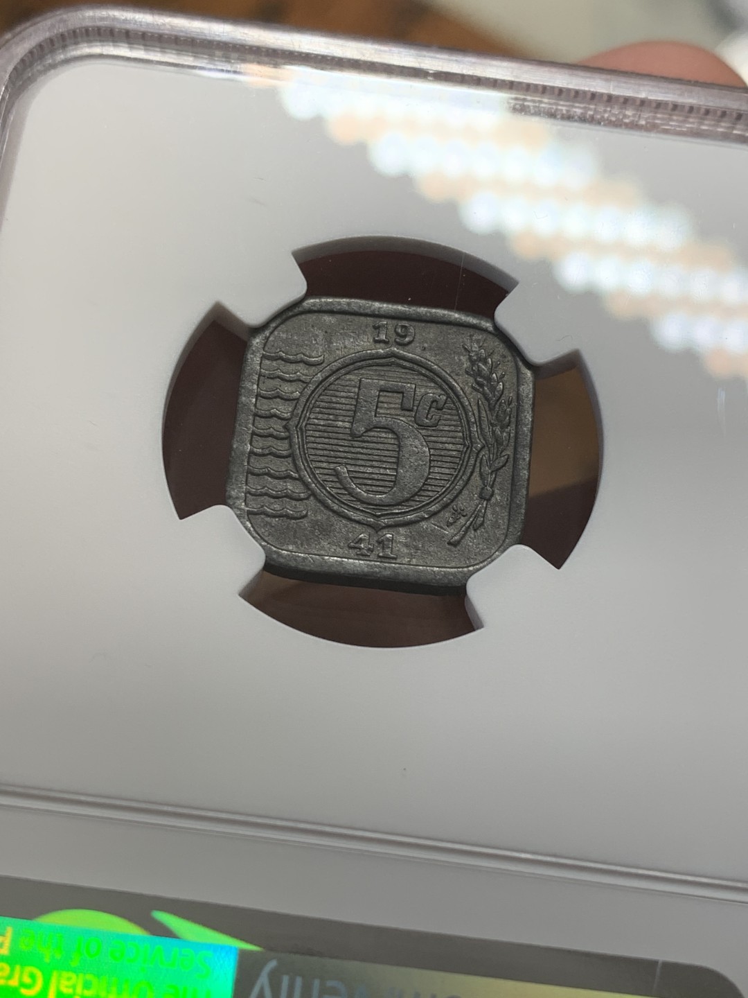 《竞宝斋》第108场-周日，周一 ，周四3场连拍（全场包邮） 冠军分 NGC-MS62 荷兰1941年 5分锌币 正方形 非常稀少