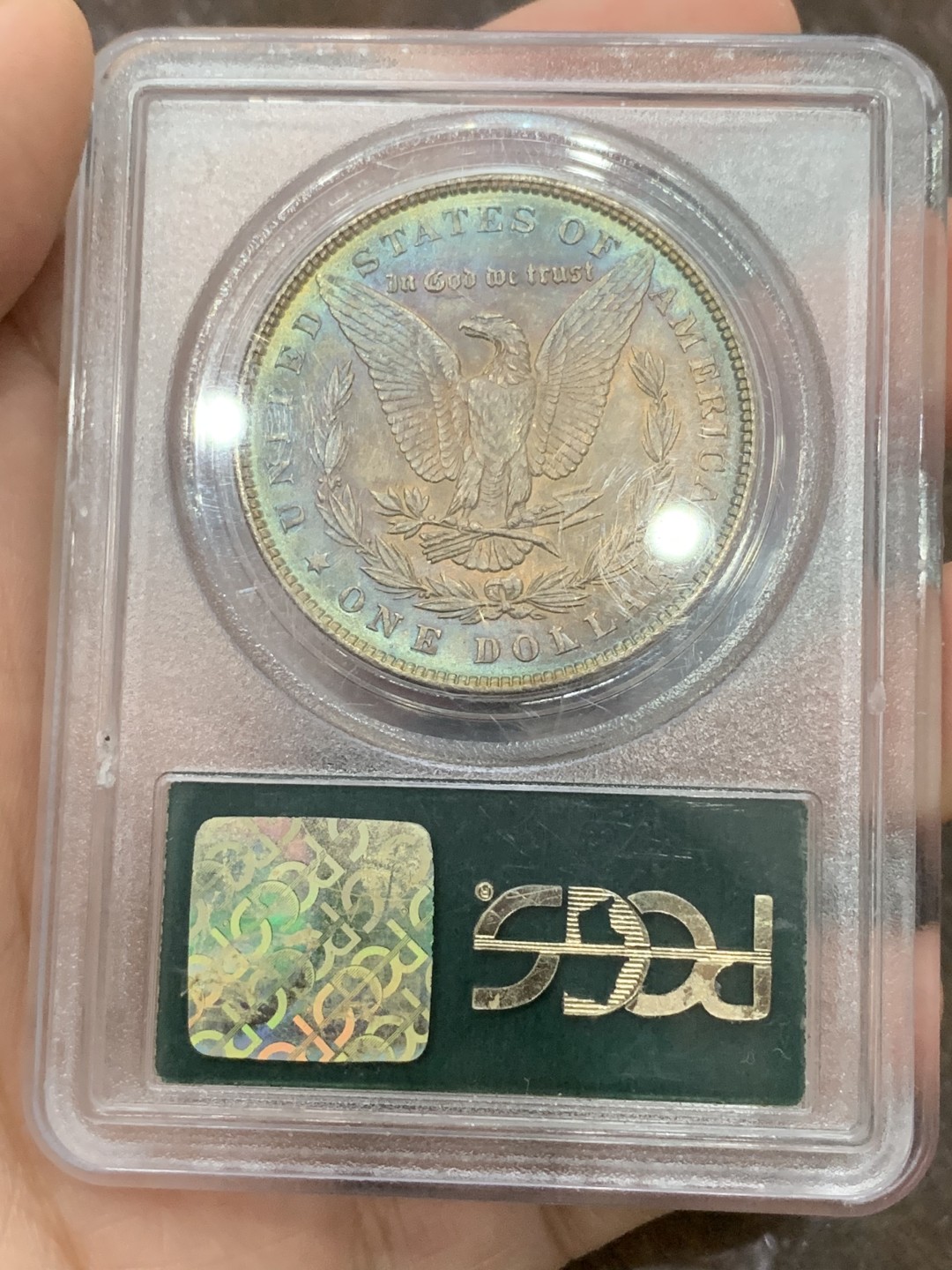 《竞宝斋》第108场-周日，周一 ，周四3场连拍（全场包邮） PCGS-MS64 美国 1886摩根银币 双面完美蓝绿包浆 光度也极佳 少见老绿盒