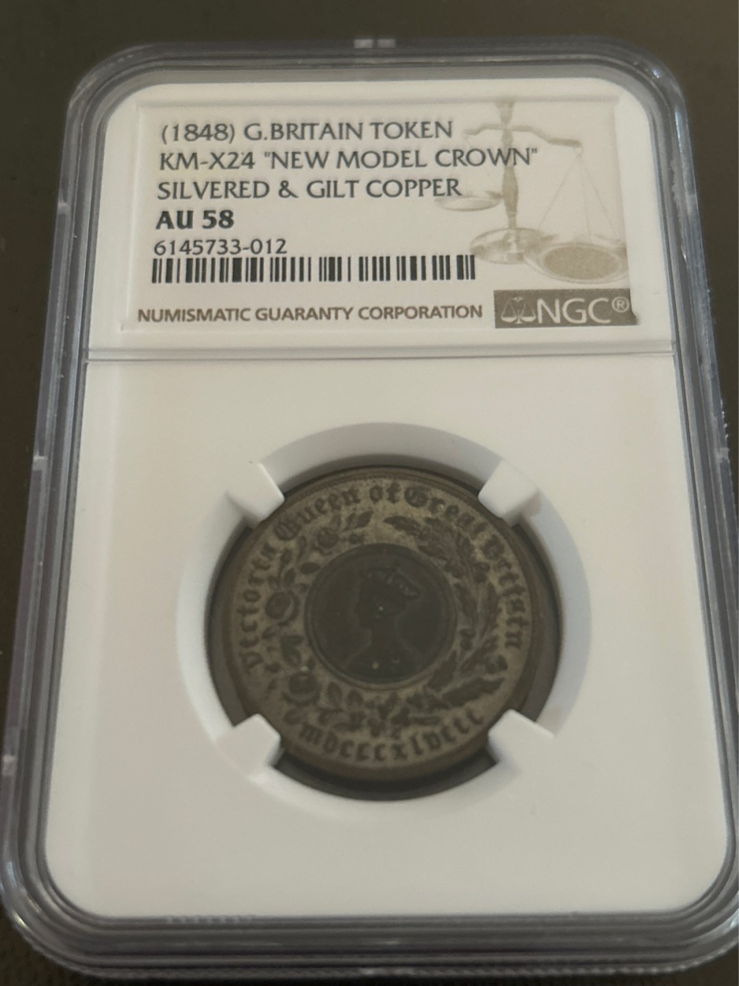 收藏联盟Quantum Auction 第203期拍卖 硬币场 1848年 英国维多利亚女王 新式王冠 铜镀银筹码 NGC AU 58