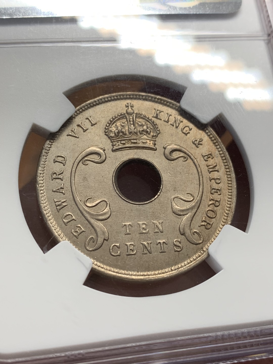 《竞宝斋》第108场-周日，周一 ，周四3场连拍（全场包邮） NGC MS62 1907 英属东非乌干达时期爱德华七世10分 镍币，发行量10W枚，NGC更高分仅三枚，低估的品种