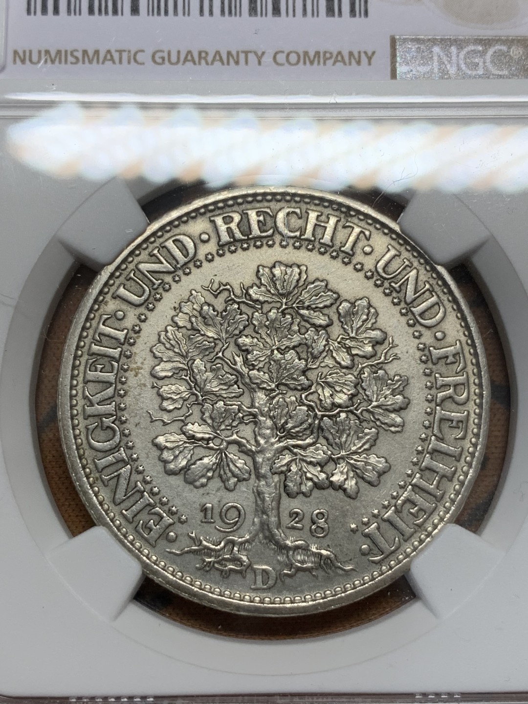《竞宝斋》第108场-周日，周一 ，周四3场连拍（全场包邮） NGC MS62 1928D 德国 魏玛共和国 橡树5马克  银币 热门品种