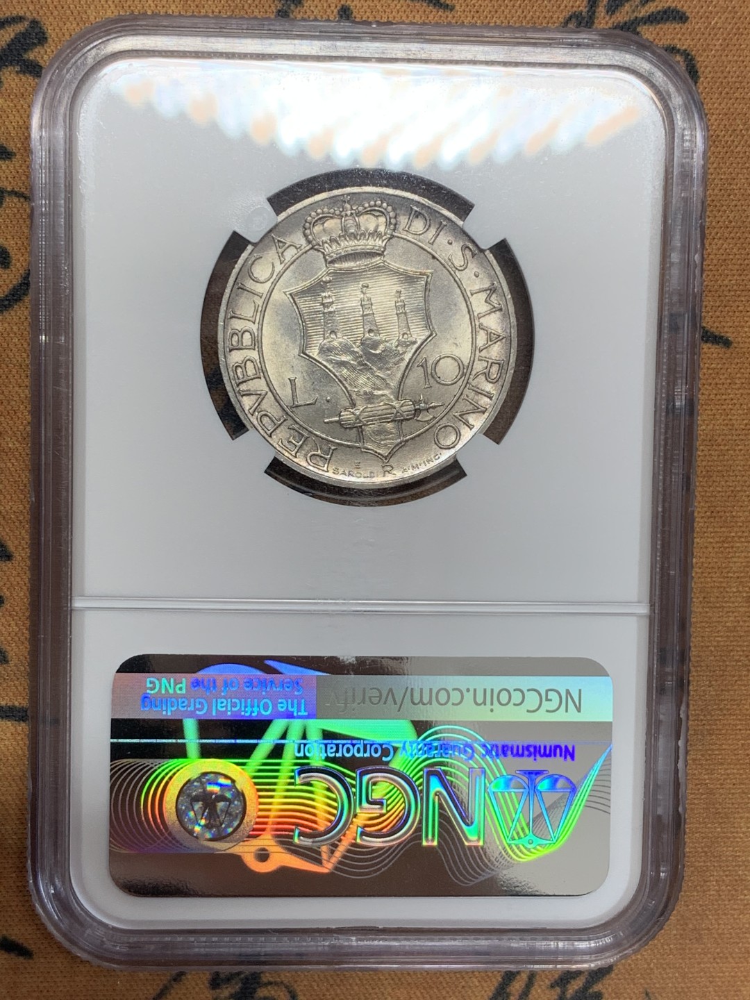 《竞宝斋》第108场-周日，周一 ，周四3场连拍（全场包邮） NGC-MS63 圣马力诺，1931年，10里拉银币。首年MS少见NGC错标为1932