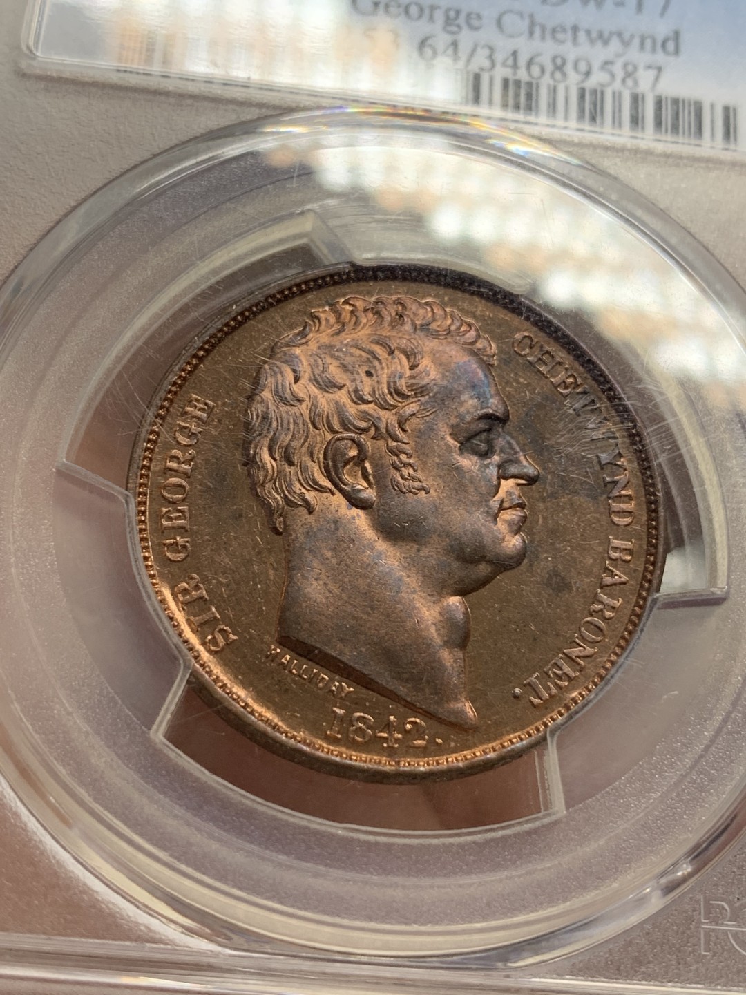 《竞宝斋》第108场-周日，周一 ，周四3场连拍（全场包邮） 唯一冠军 PCGS 64RB 英国 1842年 乔治切特温特爵士 1/2便士token，两面都是类精制面，少见好品