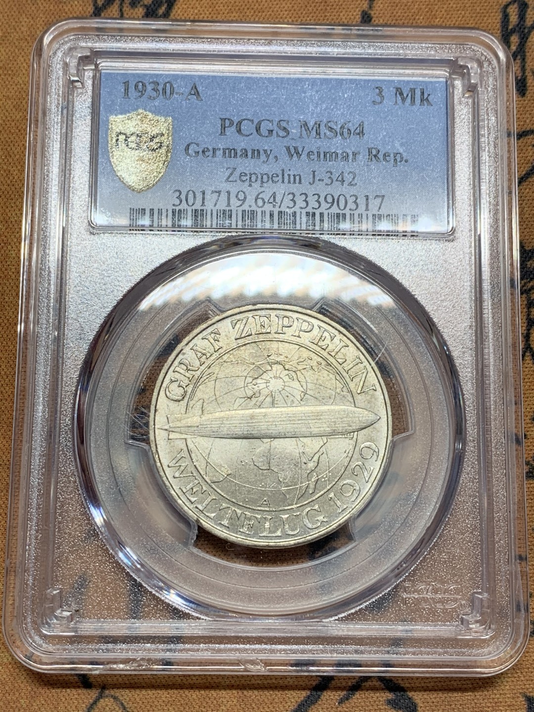 《竞宝斋》第108场-周日，周一 ，周四3场连拍（全场包邮） PCGS-MS64 德国 魏玛共和国 1930年齐柏林飞艇3马克银币 全转光
