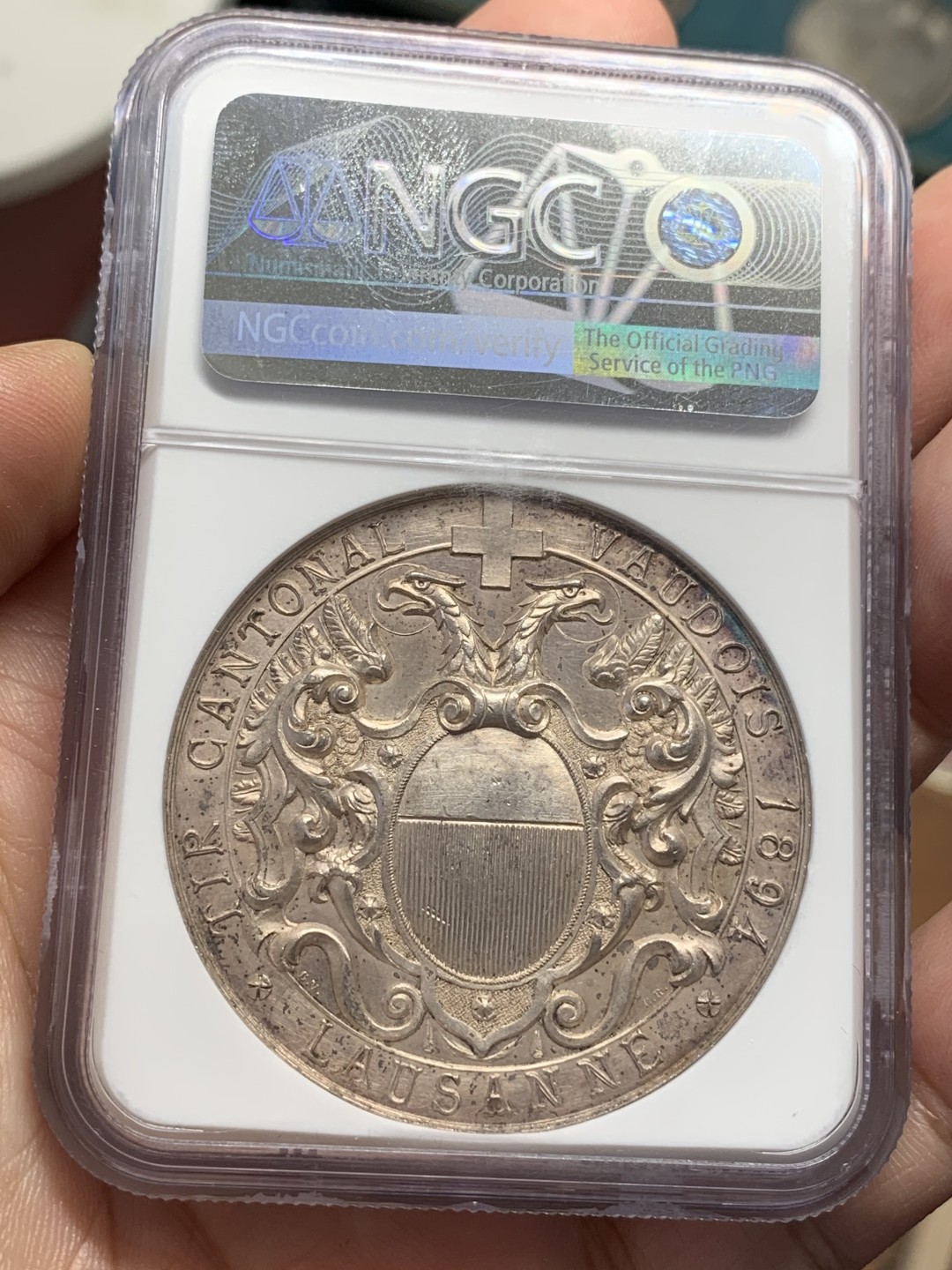 《竞宝斋》第108场-周日，周一 ，周四3场连拍（全场包邮） NGC MS63  1894年瑞士洛桑射击节大银章 稀少品种 市场流通量小于300枚 精美大气