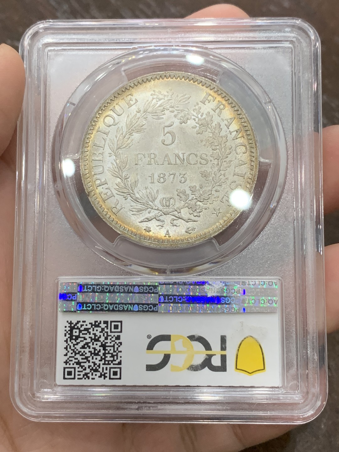 《竞宝斋》第108场-周日，周一 ，周四3场连拍（全场包邮） PCGS MS65 法国 1873年 大力神 5法郎 银币 惊人状态 淡彩包浆 仿佛产于昨日 难得