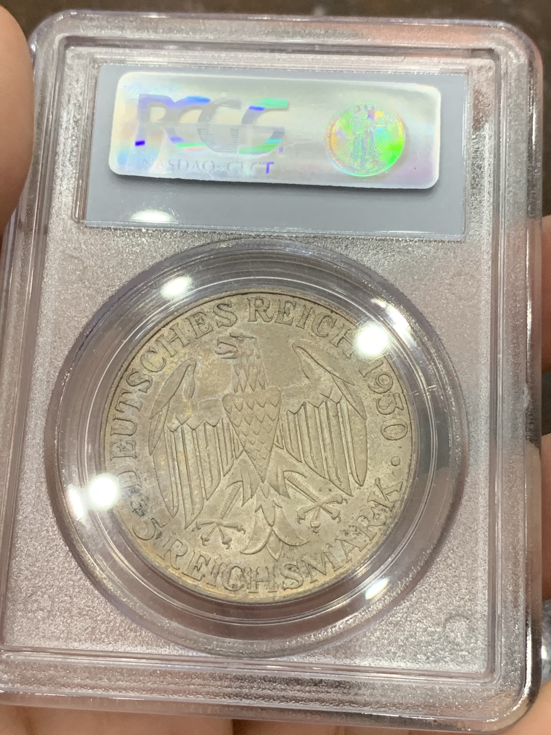 《竞宝斋》第108场-周日，周一 ，周四3场连拍（全场包邮） PCGS MS64 德国 魏玛共和国 1930年 齐柏林飞艇5马克大银币 早期小白盒 黄油转光