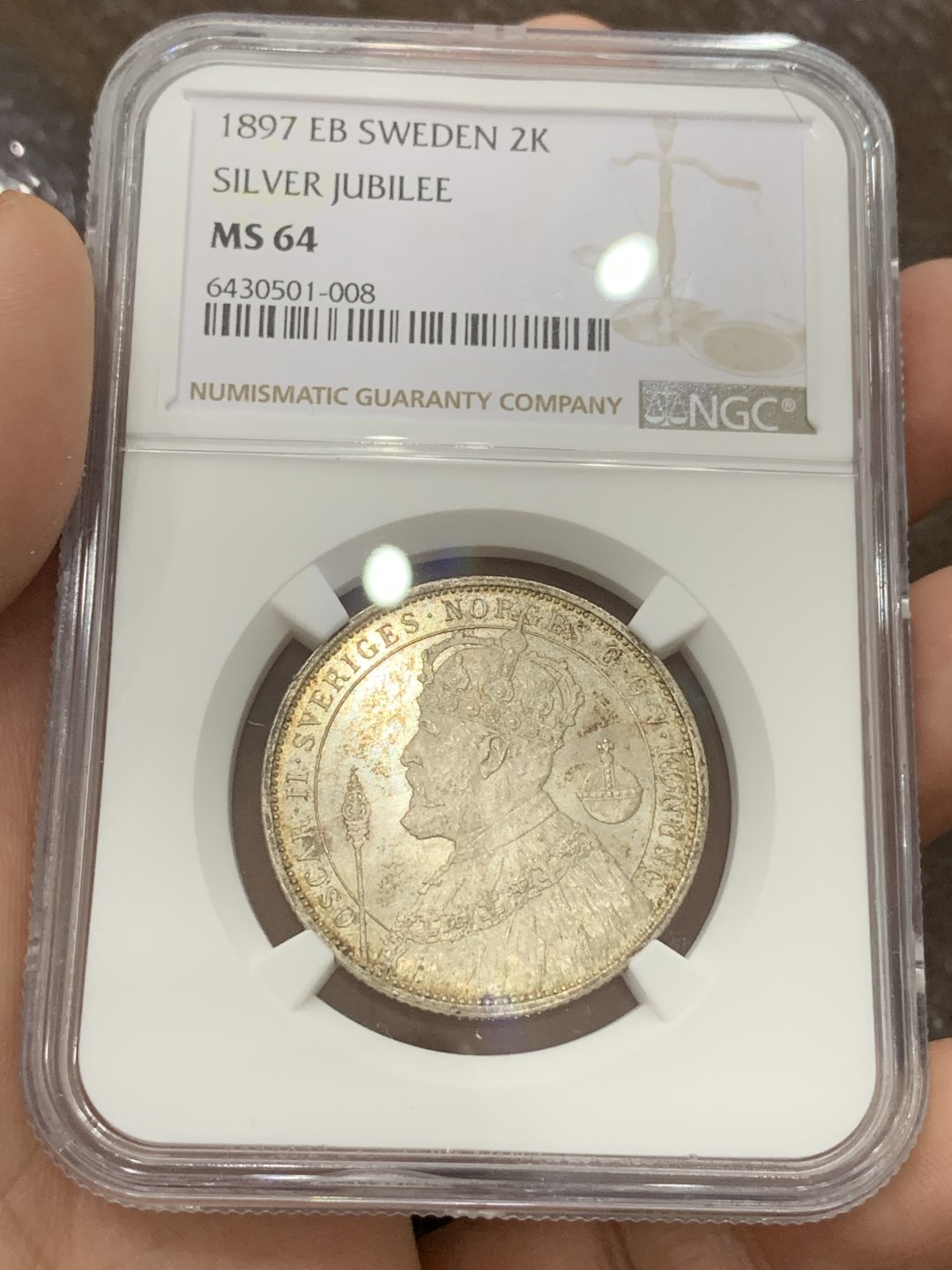 《竞宝斋》第108场-周日，周一 ，周四3场连拍（全场包邮） NGC MS64 瑞典 1897年 奥斯卡二世登基25周年银币 状态很好