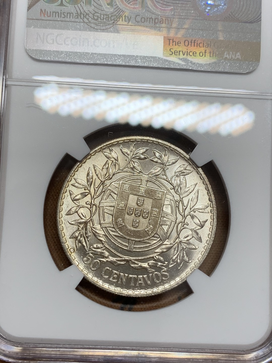 《竞宝斋》第108场-周日，周一 ，周四3场连拍（全场包邮） NGC-MS62 葡萄牙1916年 自由女神像 50分半圆形银币 原光好品