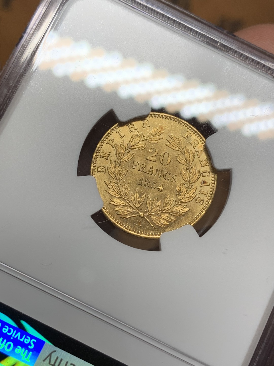 《竞宝斋》第108场-周日，周一 ，周四3场连拍（全场包邮） NGC-MS61 1854A法国拿三 无冠版20法郎金币，转光耀眼，好品极罕见