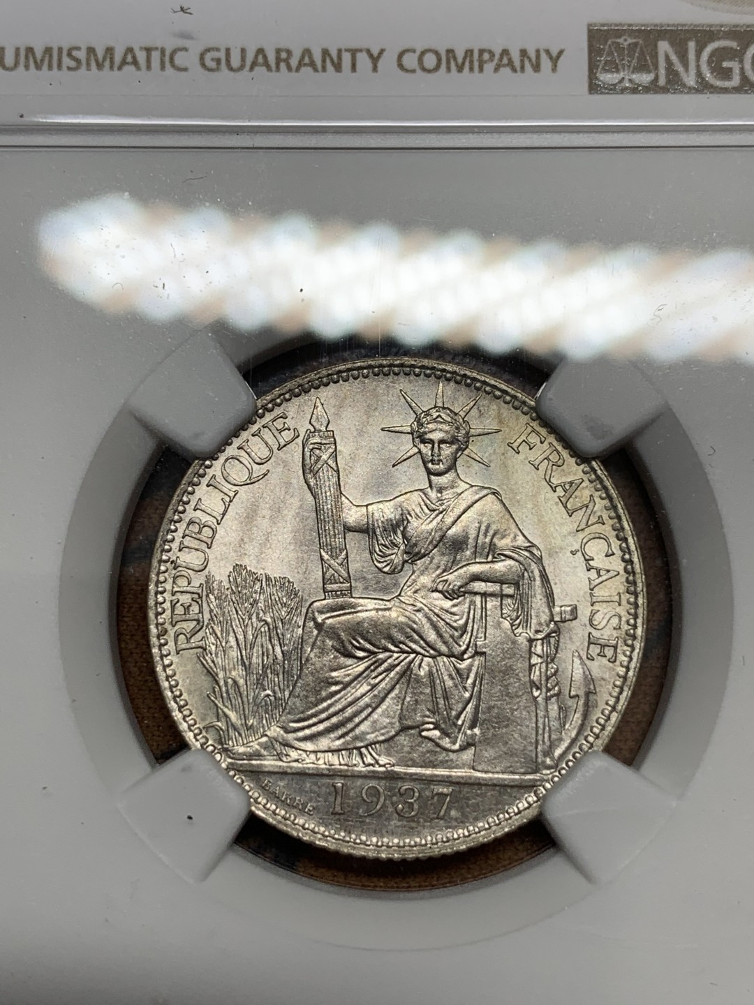 《竞宝斋》第108场-周日，周一 ，周四3场连拍（全场包邮） NGC-MS63 法属印支1937年 20分 坐洋小银币