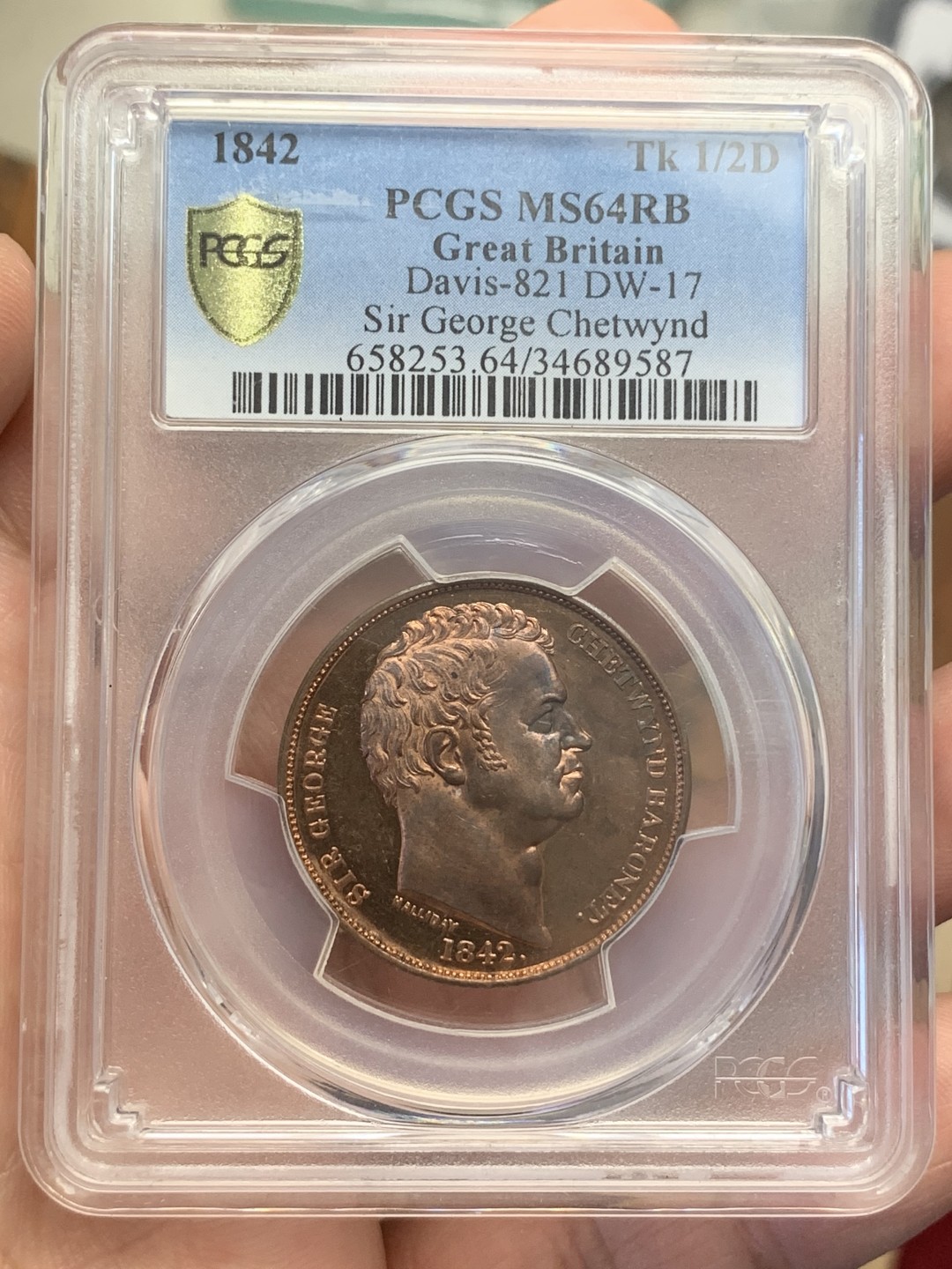 《竞宝斋》第108场-周日，周一 ，周四3场连拍（全场包邮） 唯一冠军 PCGS 64RB 英国 1842年 乔治切特温特爵士 1/2便士token，两面都是类精制面，少见好品