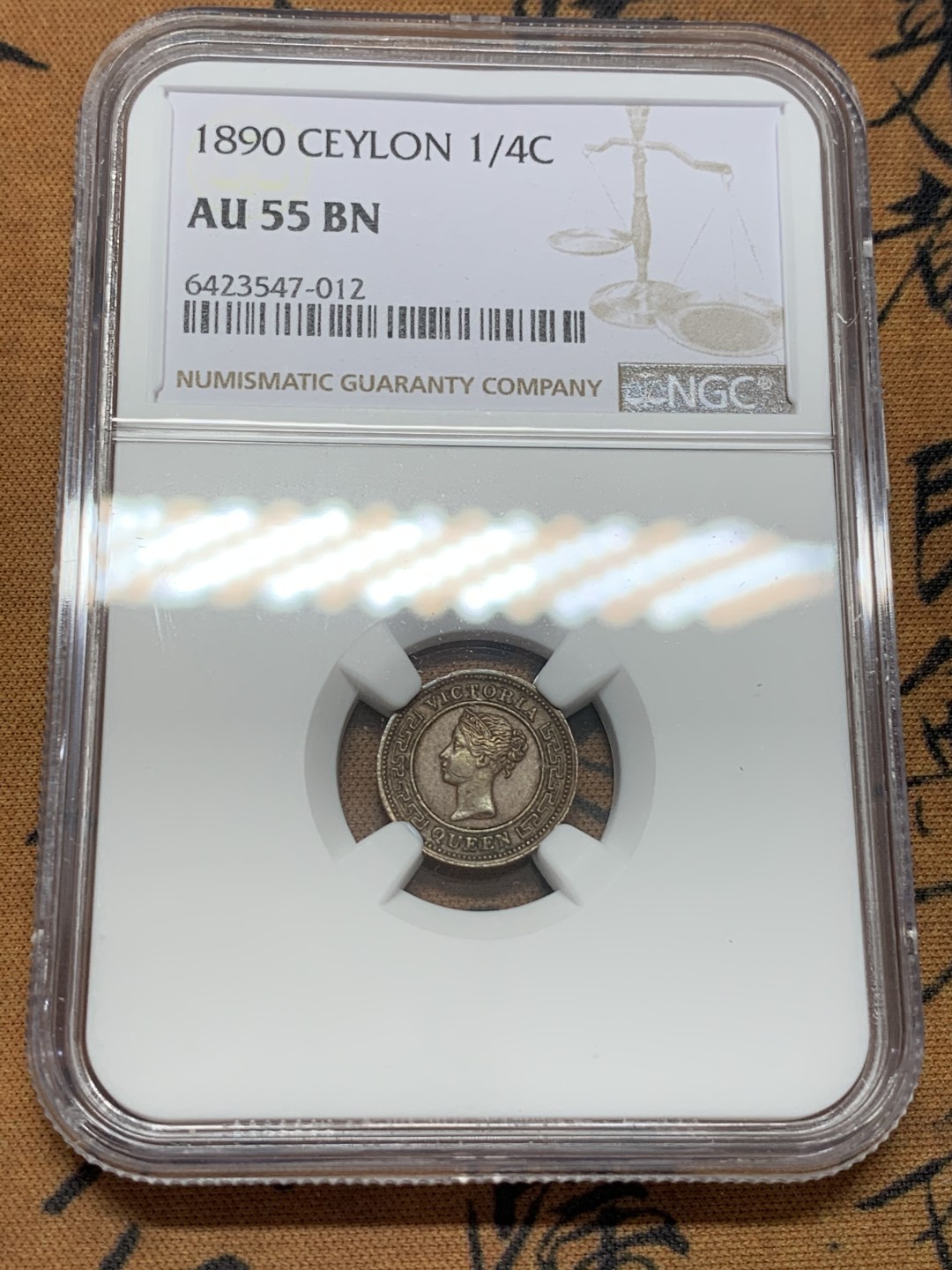 《竞宝斋》第109场-周日，周一 ，周四3场连拍（全场包邮） NGC AU55BN 1890年英属锡兰1/4分铜币