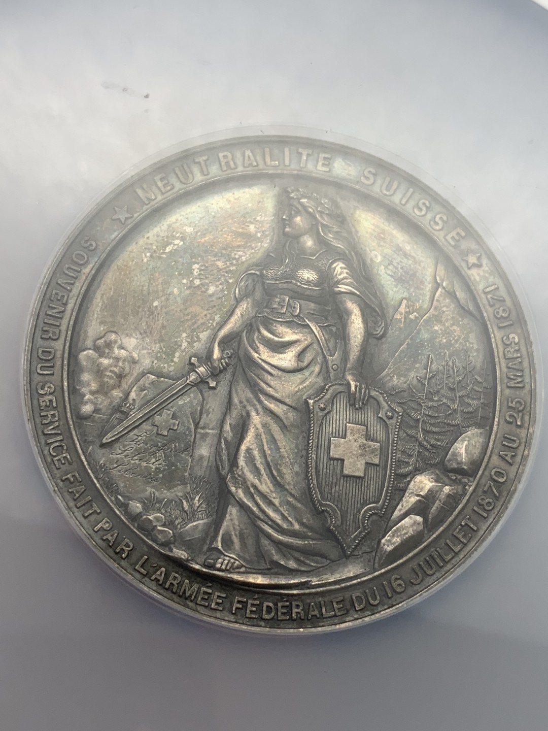 《竞宝斋》第109场-周日，周一 ，周四3场连拍（全场包邮） NGC-MS62 瑞士1871年汉斯射击纪念章 铜镀银 女神造型气势非凡值得收藏 大盒封装