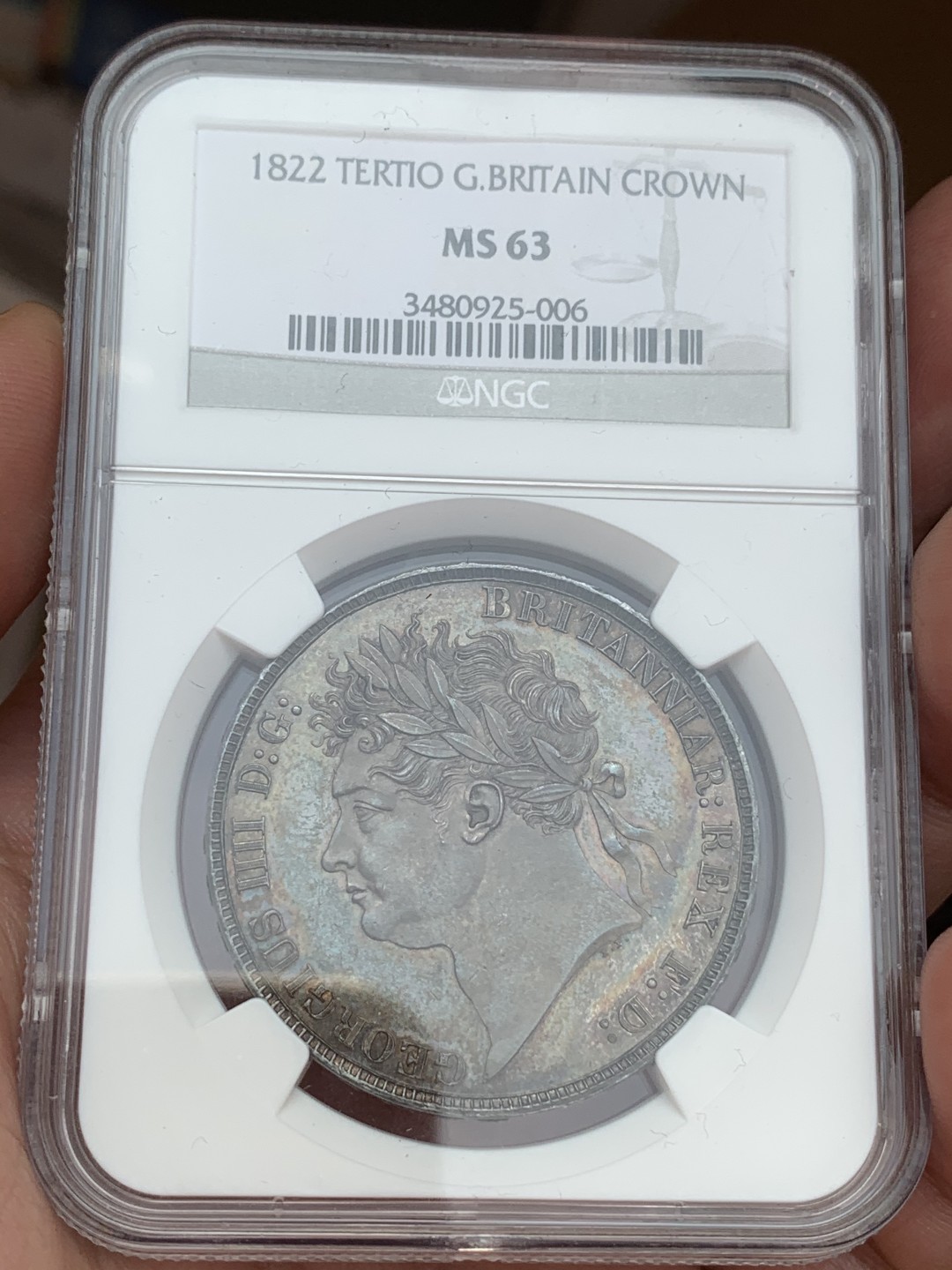 《竞宝斋》第109场-周日，周一 ，周四3场连拍（全场包邮） NGC MS63 英国 1822年 乔四 克朗银币 PL 底板 双面均匀深色包浆 状态好于分数 63分未见最近拍卖记录 2022年62分2.9W成交 高分相对价高很多