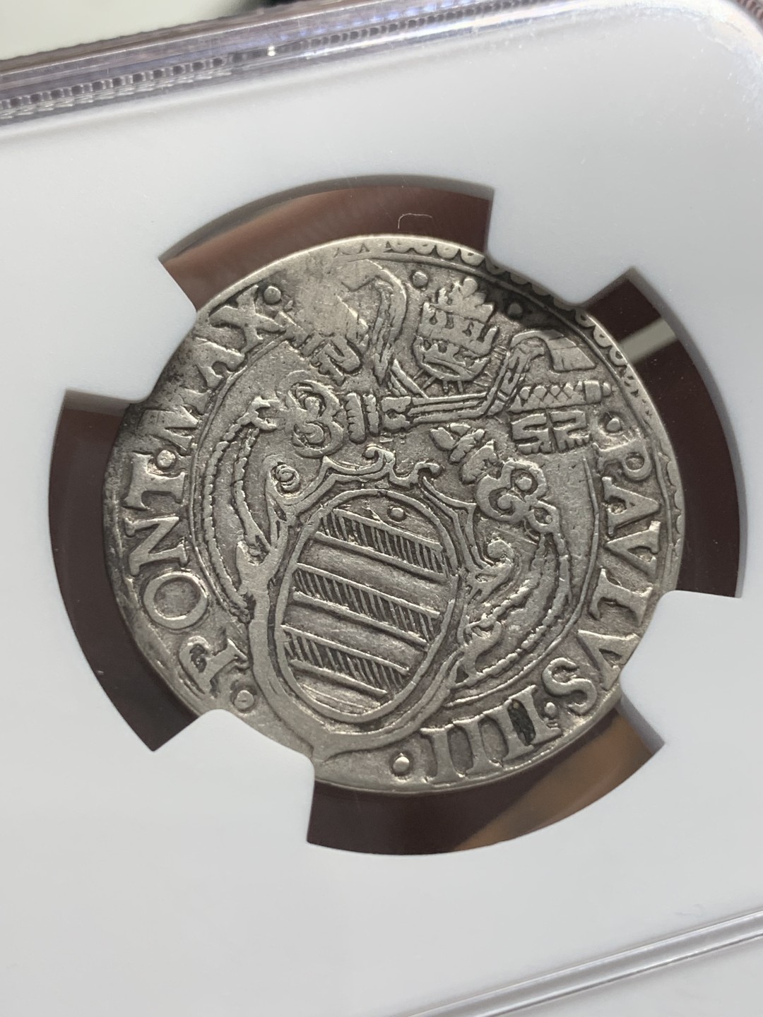 《竞宝斋》第109场-周日，周一 ，周四3场连拍（全场包邮） NGC-VF意大利罗马1555-1559年罗马教皇国保罗四世Testone银币，将近500年历史 保存不易