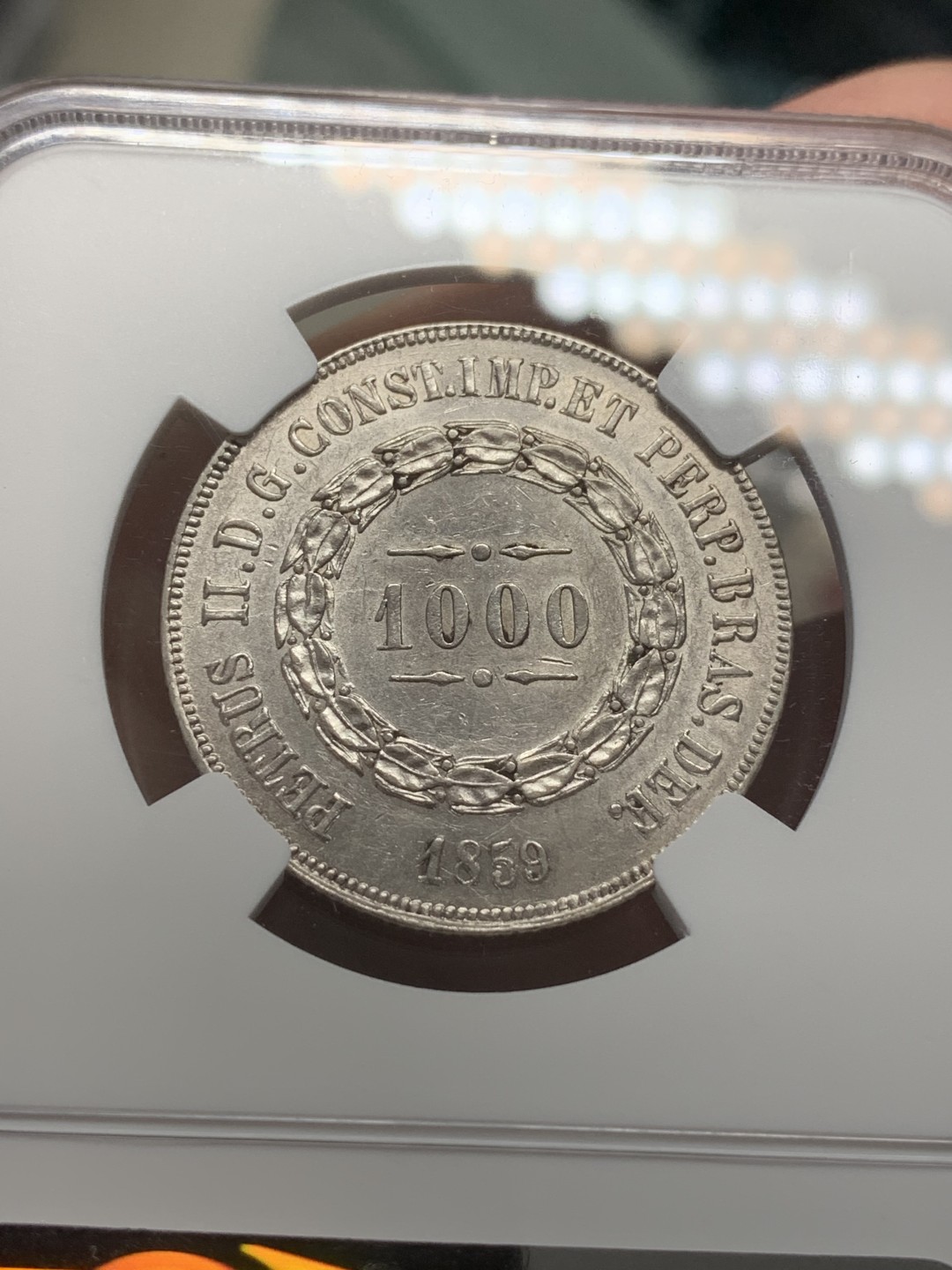 《竞宝斋》第109场-周日，周一 ，周四3场连拍（全场包邮） NGC-AU55 巴西帝国 1859年 1000瑞斯银币