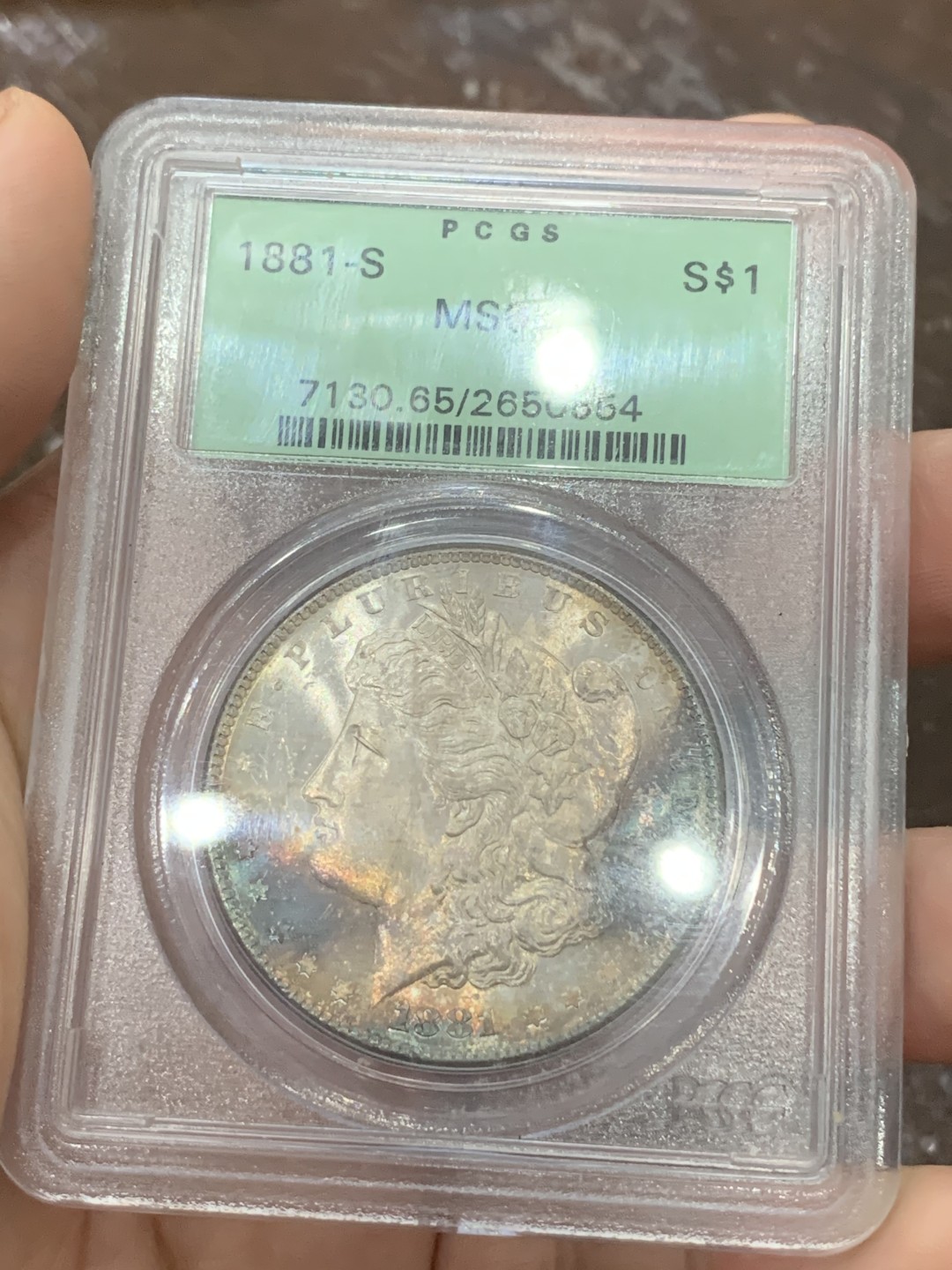 《竞宝斋》第109场-周日，周一 ，周四3场连拍（全场包邮） PCGS-MS65 美国 1881年 摩根银币 女神面 鹰面双面月牙彩 老P绿盒