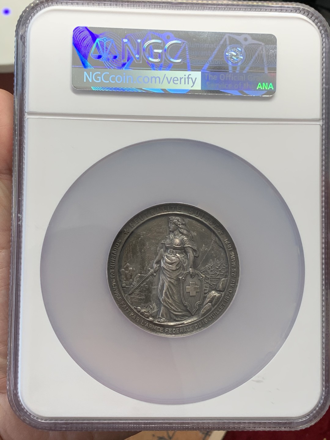 《竞宝斋》第109场-周日，周一 ，周四3场连拍（全场包邮） NGC-MS62 瑞士1871年汉斯射击纪念章 铜镀银 女神造型气势非凡值得收藏 大盒封装