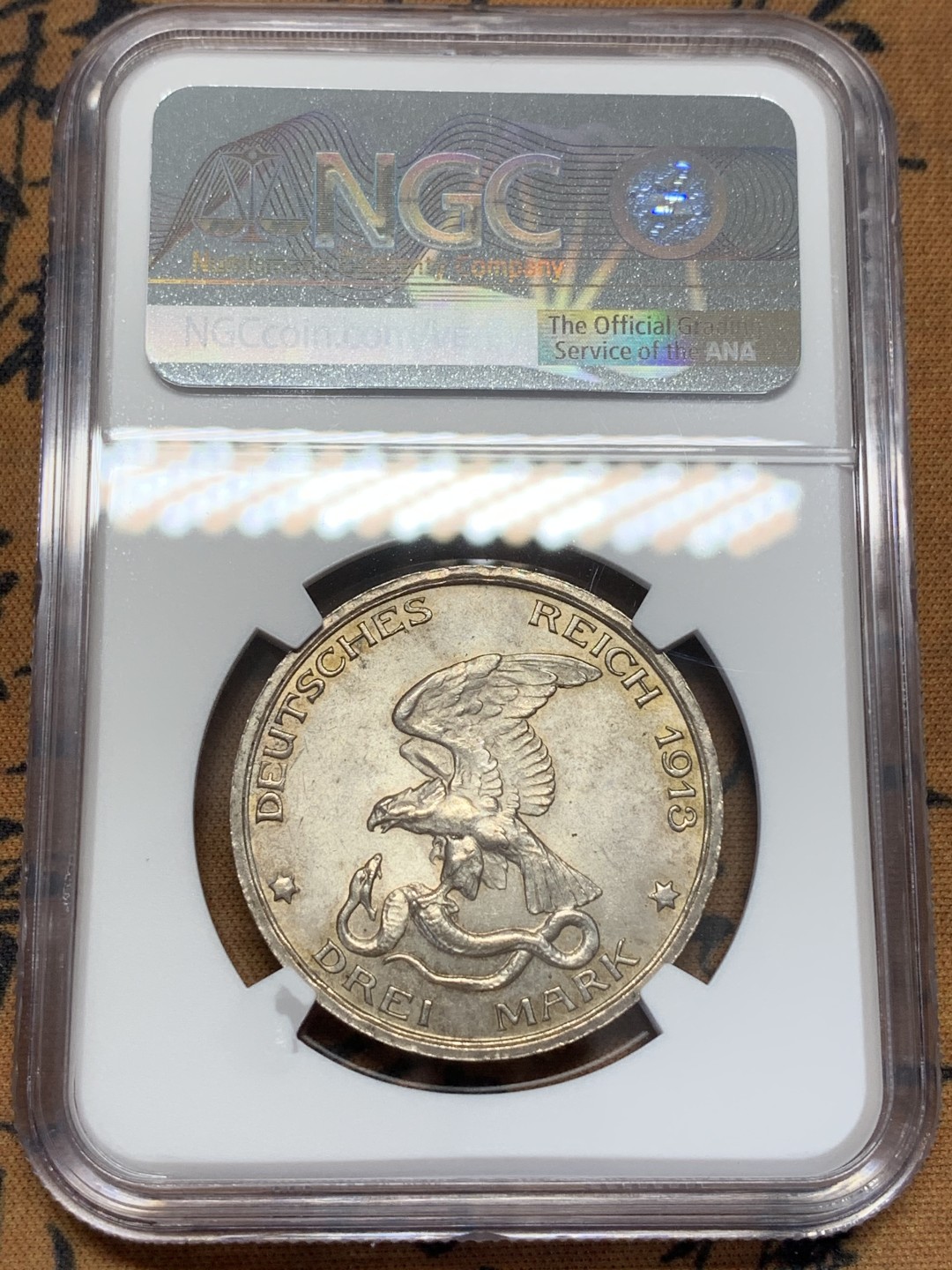 《竞宝斋》第109场-周日，周一 ，周四3场连拍（全场包邮） NGC-MS65 德国1913年 普法战争 3马克银币 顶级好品