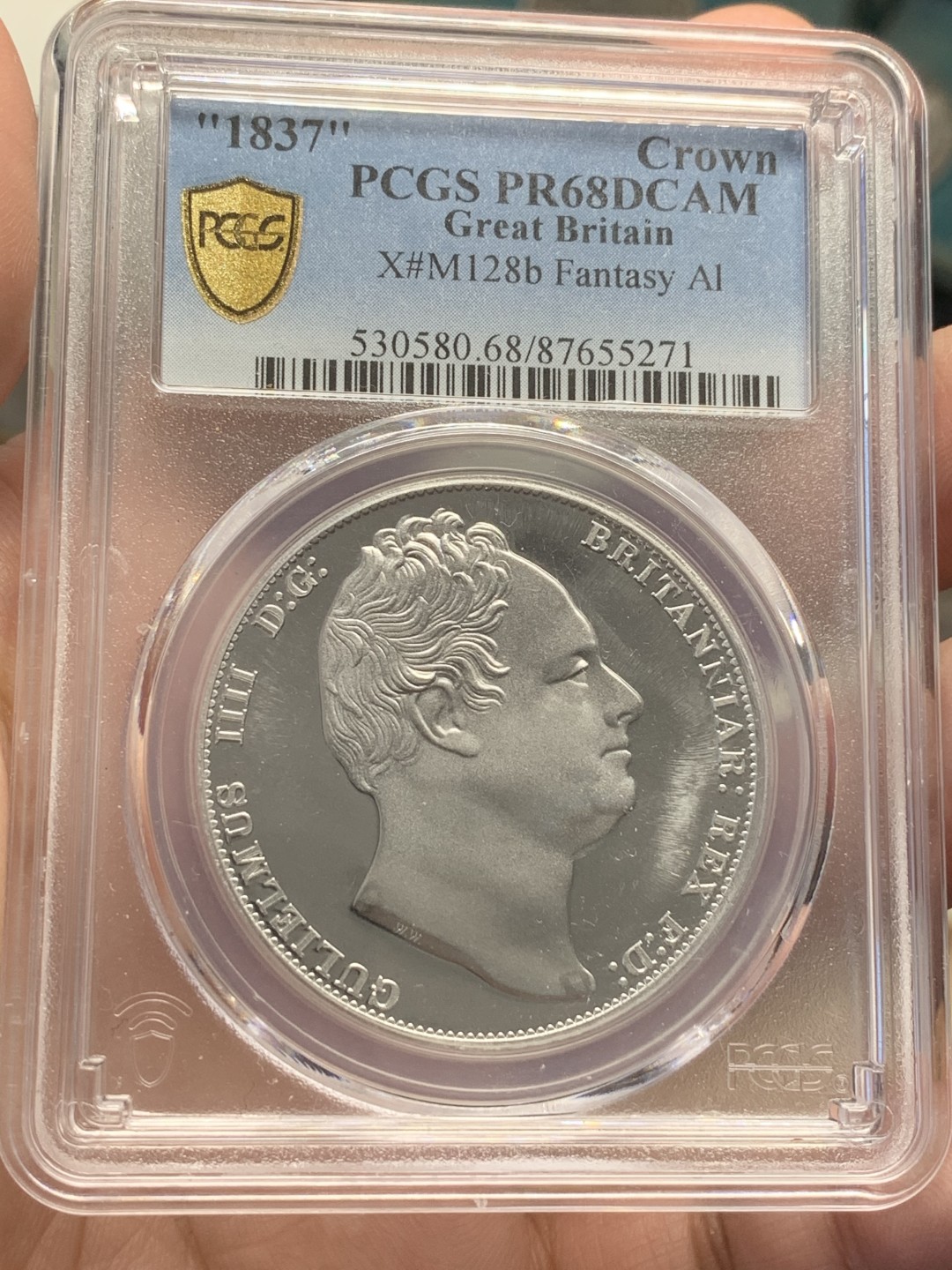 《竞宝斋》第109场-周日，周一 ，周四3场连拍（全场包邮） PCGS金盾 PR68DCAM 英国1837年威廉四世国王头像马剑图案1克朗精制铝币，亚军分。后铸珍惜币