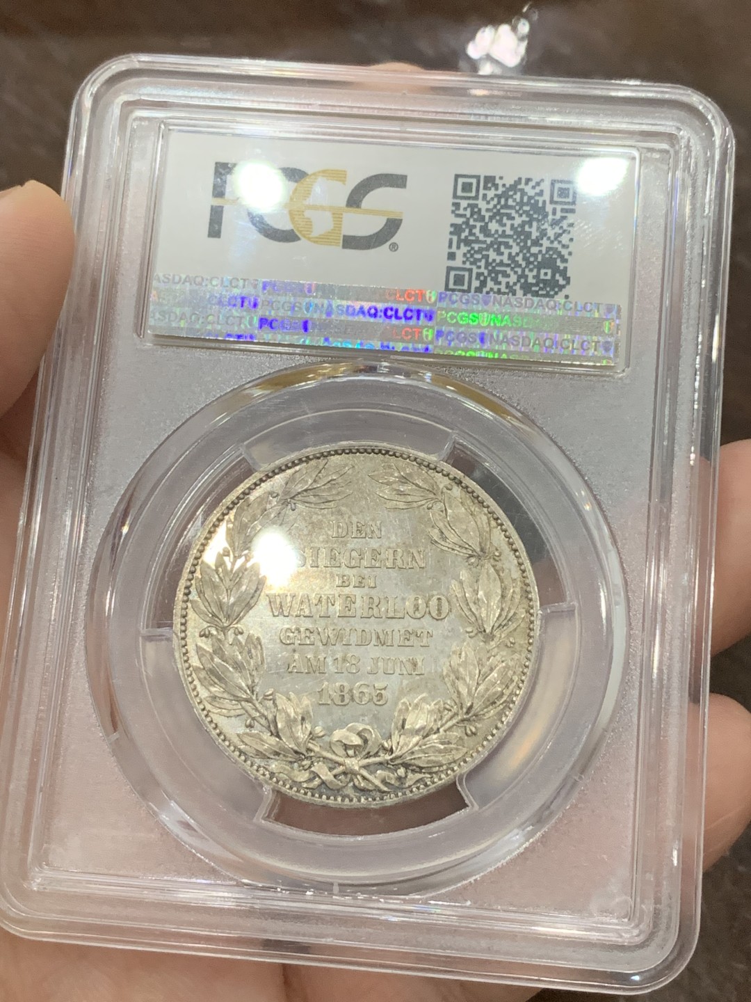《竞宝斋》第109场-周日，周一 ，周四3场连拍（全场包邮） 亚军分 PCGS MS65 德国1865 汉诺威 滑铁卢战役 泰勒银币 PL底板 高等级分数 据说用来犒赏滑铁卢老兵只用 状态极好