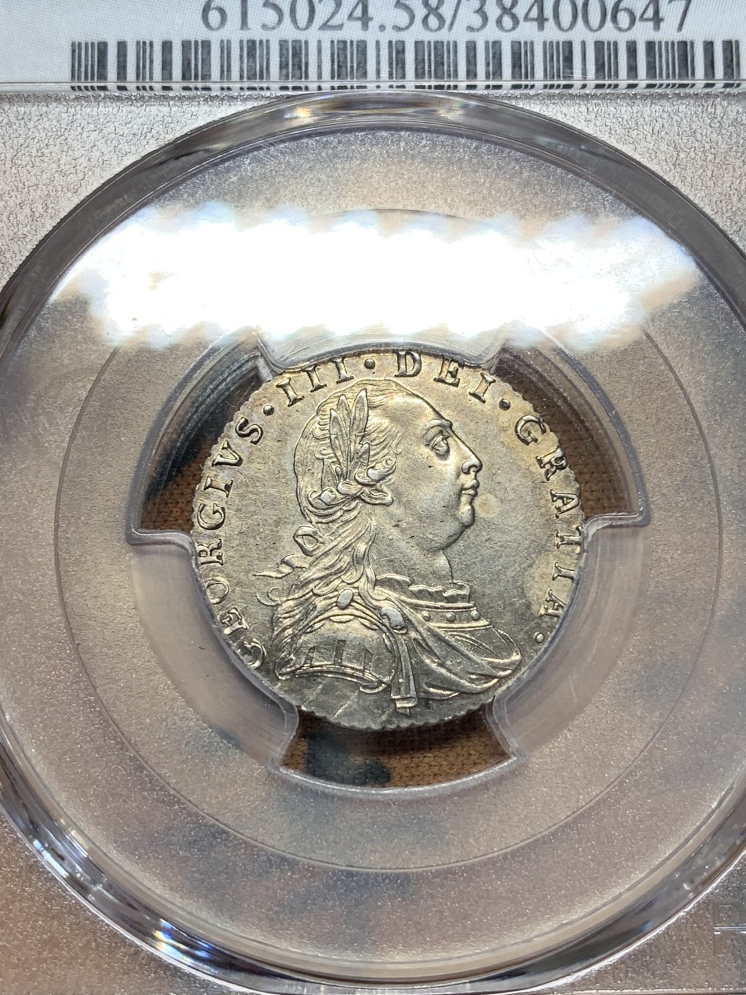 《竞宝斋》第109场-周日，周一 ，周四3场连拍（全场包邮） PCGS AU58 英国1787年乔治三世6便士银币细节好品低评状态