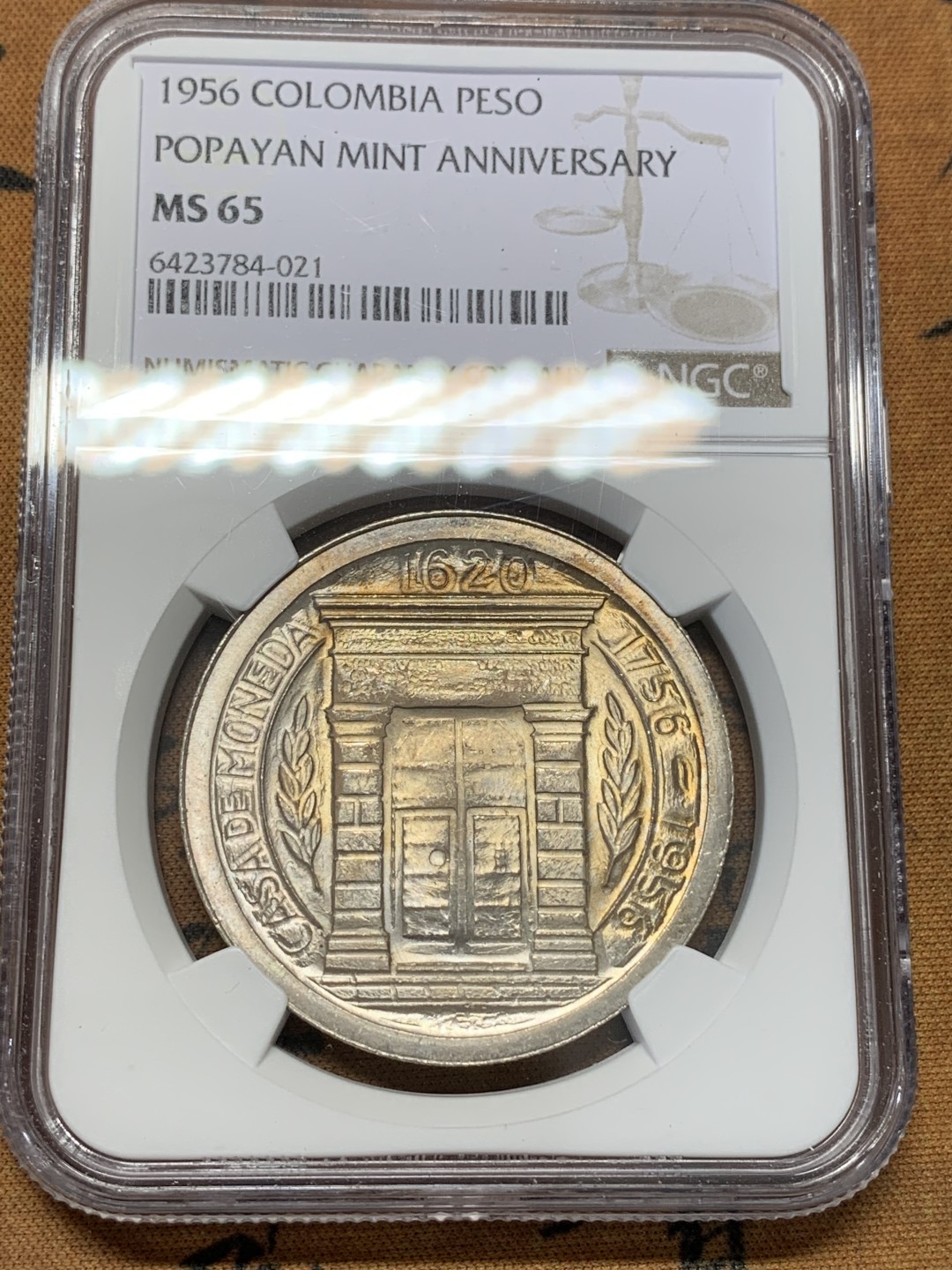 《竞宝斋》第109场-周日，周一 ，周四3场连拍（全场包邮） NGC-MS65 哥伦比亚1956年 波帕扬造币厂纪念 1比索大银币 稀少品种 顶级好品