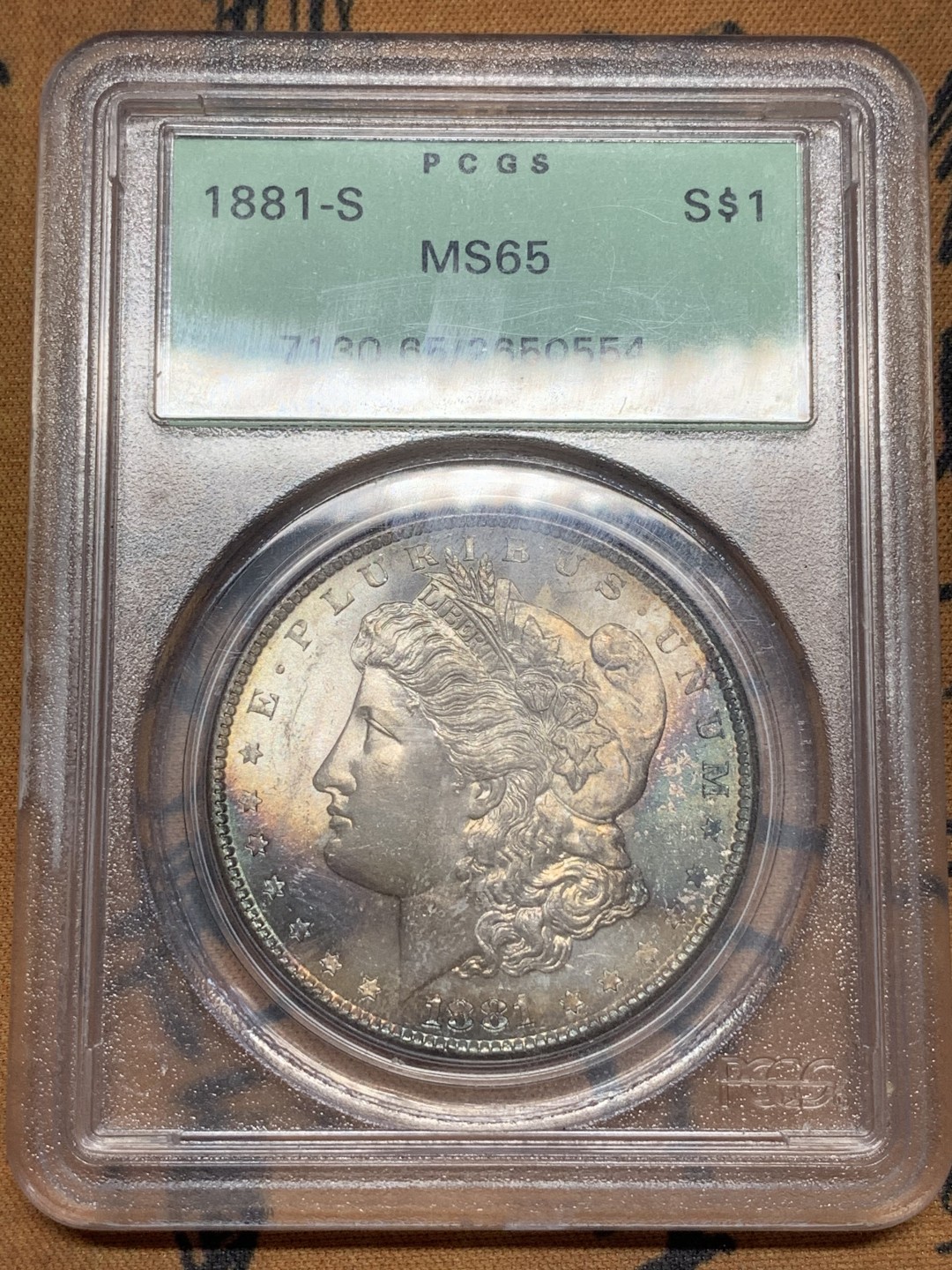 《竞宝斋》第109场-周日，周一 ，周四3场连拍（全场包邮） PCGS-MS65 美国 1881年 摩根银币 女神面 鹰面双面月牙彩 老P绿盒