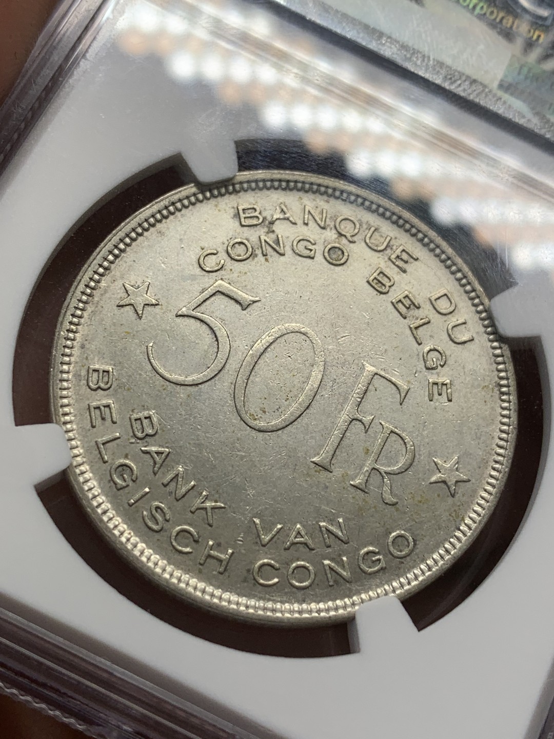 《竞宝斋》第109场-周日，周一 ，周四3场连拍（全场包邮） NGC AU58，刚果1944年大象50法郎银币，近期大热品种