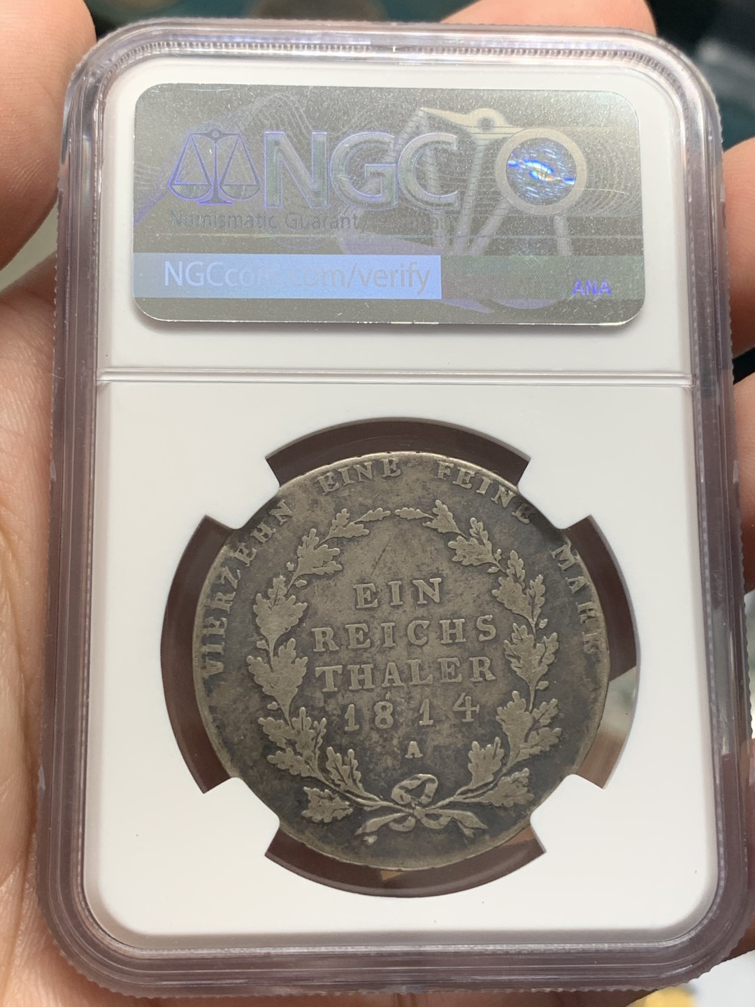 《竞宝斋》第109场-周日，周一 ，周四3场连拍（全场包邮） NGC-VF20 德国普鲁士1814年1泰勒，200年历史的老币，有分难得