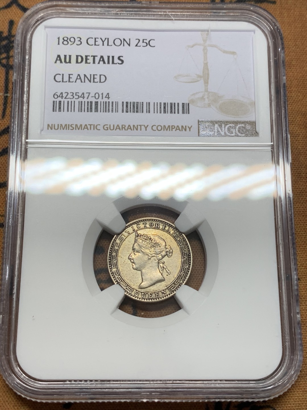 《竞宝斋》第109场-周日，周一 ，周四3场连拍（全场包邮） NGC AUD  1893年英属锡兰25分银币