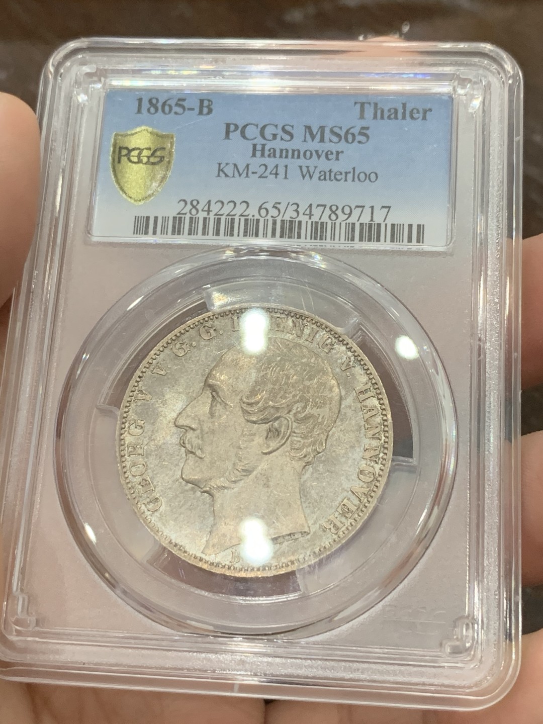 《竞宝斋》第109场-周日，周一 ，周四3场连拍（全场包邮） 亚军分 PCGS MS65 德国1865 汉诺威 滑铁卢战役 泰勒银币 PL底板 高等级分数 据说用来犒赏滑铁卢老兵只用 状态极好