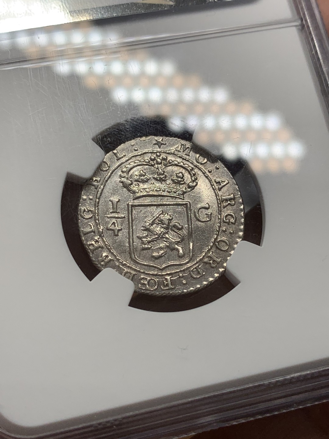 《竞宝斋》第109场-周日，周一 ，周四3场连拍（全场包邮） NGC MS62 荷属东印度群岛 1802年 巴达维亚共和国（1800-1806）1/4G 帆船银币 少见品种 细节好