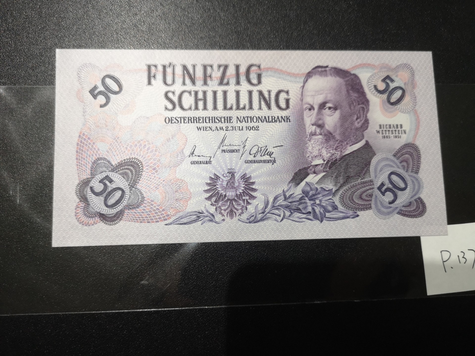 《外钞收藏家》第二百一十一期（欧洲四国精品专场） 奥地利1962年50 先令	P-137 全新UNC