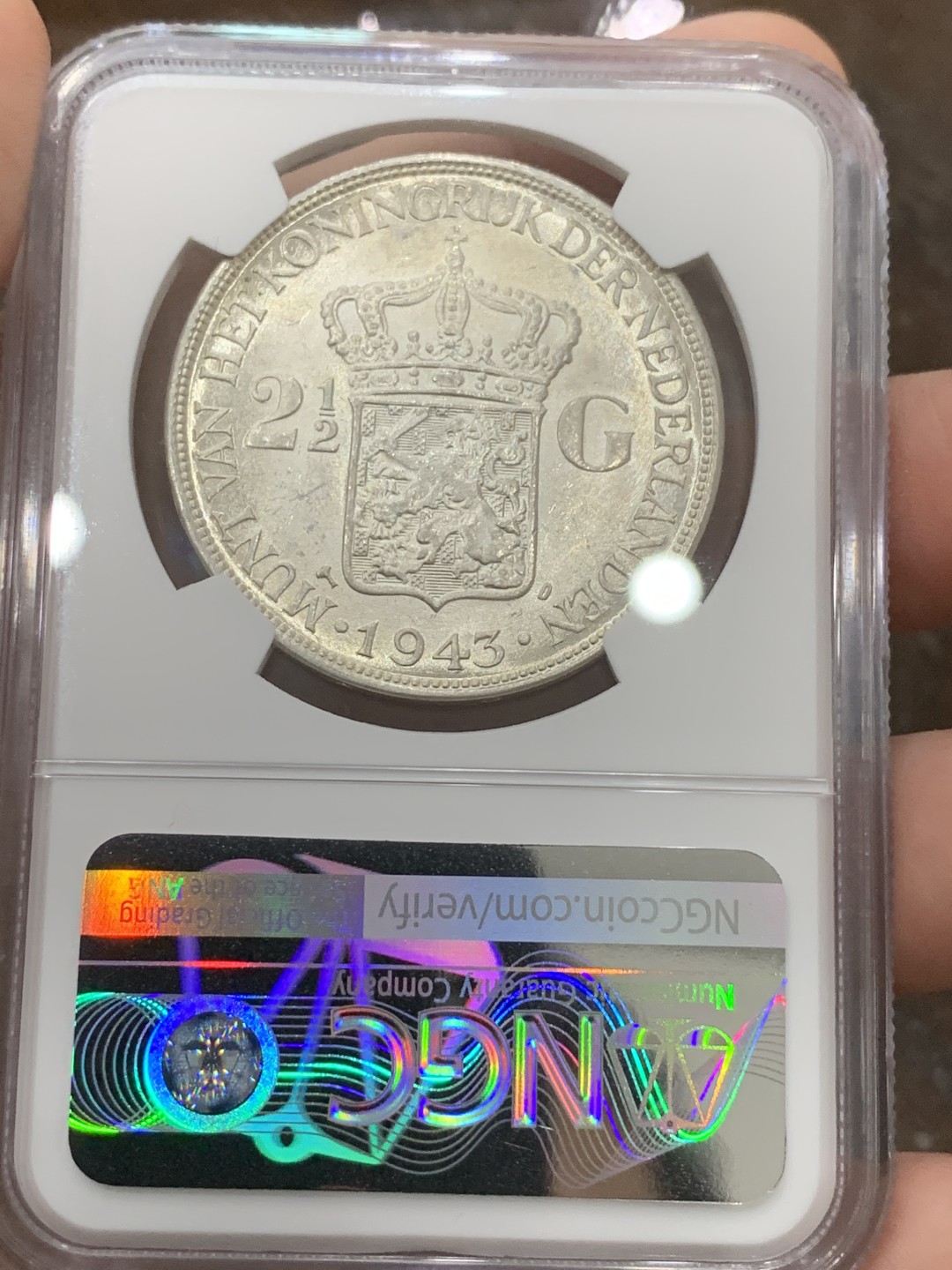 《竞宝斋》第109场-周日，周一 ，周四3场连拍（全场包邮） NGC-MS64 荷属东印度 1943年 威廉米娜女王 2.5盾大银币 原光好品 殖民地里的稀少品种