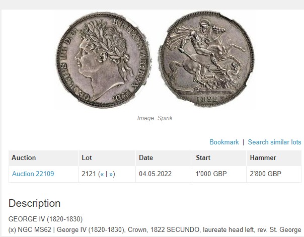 《竞宝斋》第109场-周日，周一 ，周四3场连拍（全场包邮） NGC MS63 英国 1822年 乔四 克朗银币 PL 底板 双面均匀深色包浆 状态好于分数 63分未见最近拍卖记录 2022年62分2.9W成交 高分相对价高很多