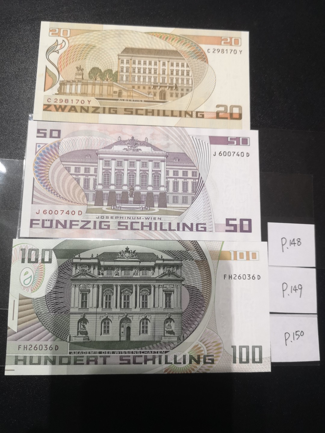 《外钞收藏家》第二百一十一期（欧洲四国精品专场） 奥地利1984-86年20-100先令 艺术家达芬格 心理学家弗洛伊德 经济学家巴维克 三张一起 全新UNC