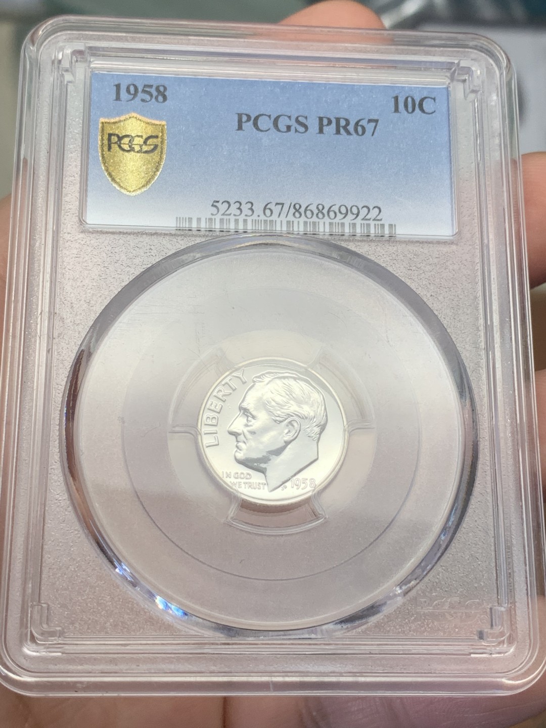 《竞宝斋》第109场-周日，周一 ，周四3场连拍（全场包邮） PCGS-PR67 美国1958年10分少见精制10美分银币。品相十分精美