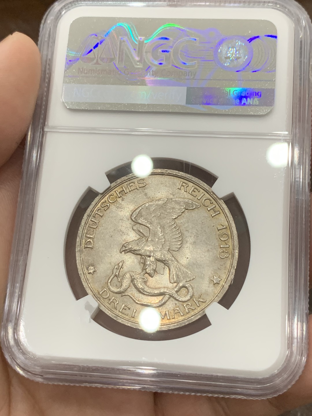 《竞宝斋》第109场-周日，周一 ，周四3场连拍（全场包邮） NGC-MS65 德国1913年 普法战争 3马克银币 顶级好品