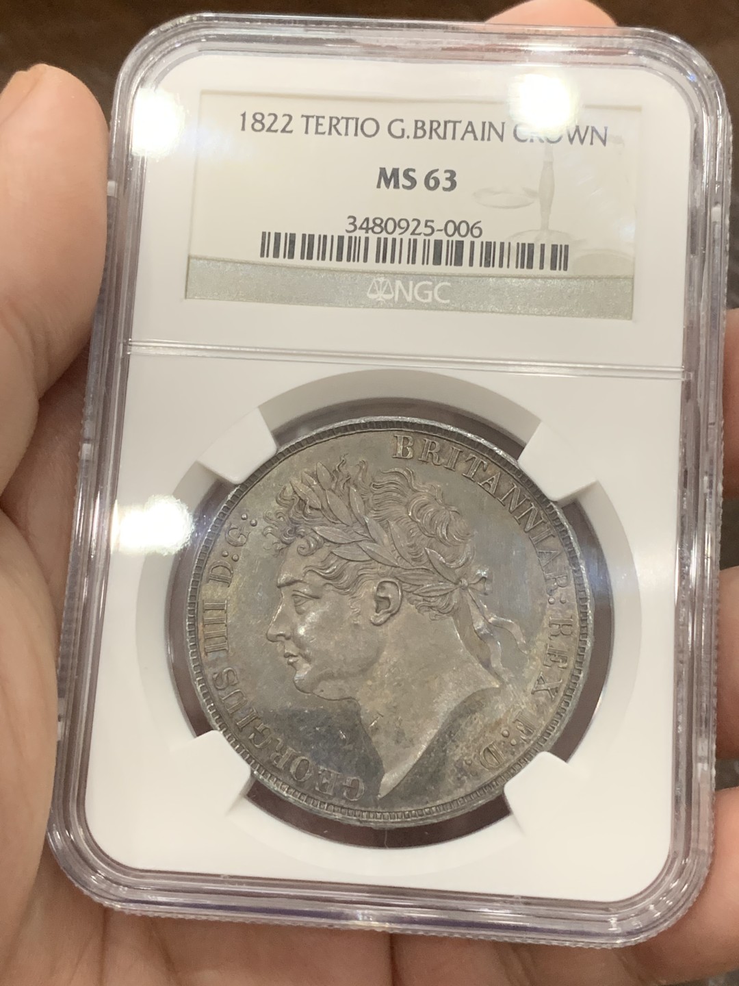 《竞宝斋》第109场-周日，周一 ，周四3场连拍（全场包邮） NGC MS63 英国 1822年 乔四 克朗银币 PL 底板 双面均匀深色包浆 状态好于分数 63分未见最近拍卖记录 2022年62分2.9W成交 高分相对价高很多