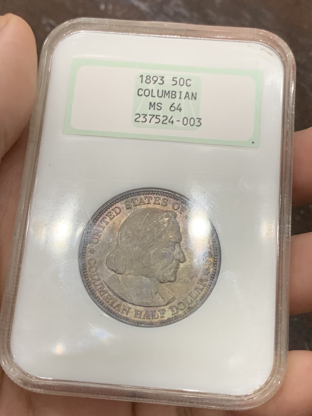 《竞宝斋》第109场-周日，周一 ，周四3场连拍（全场包邮） NGC-MS64 美国 1893年 哥伦布发现新大陆半圆银币 极品好彩 NGC老盒 背紫红色包浆 形成 帆船在雷电交加的暴风雨中乘风破浪 视觉